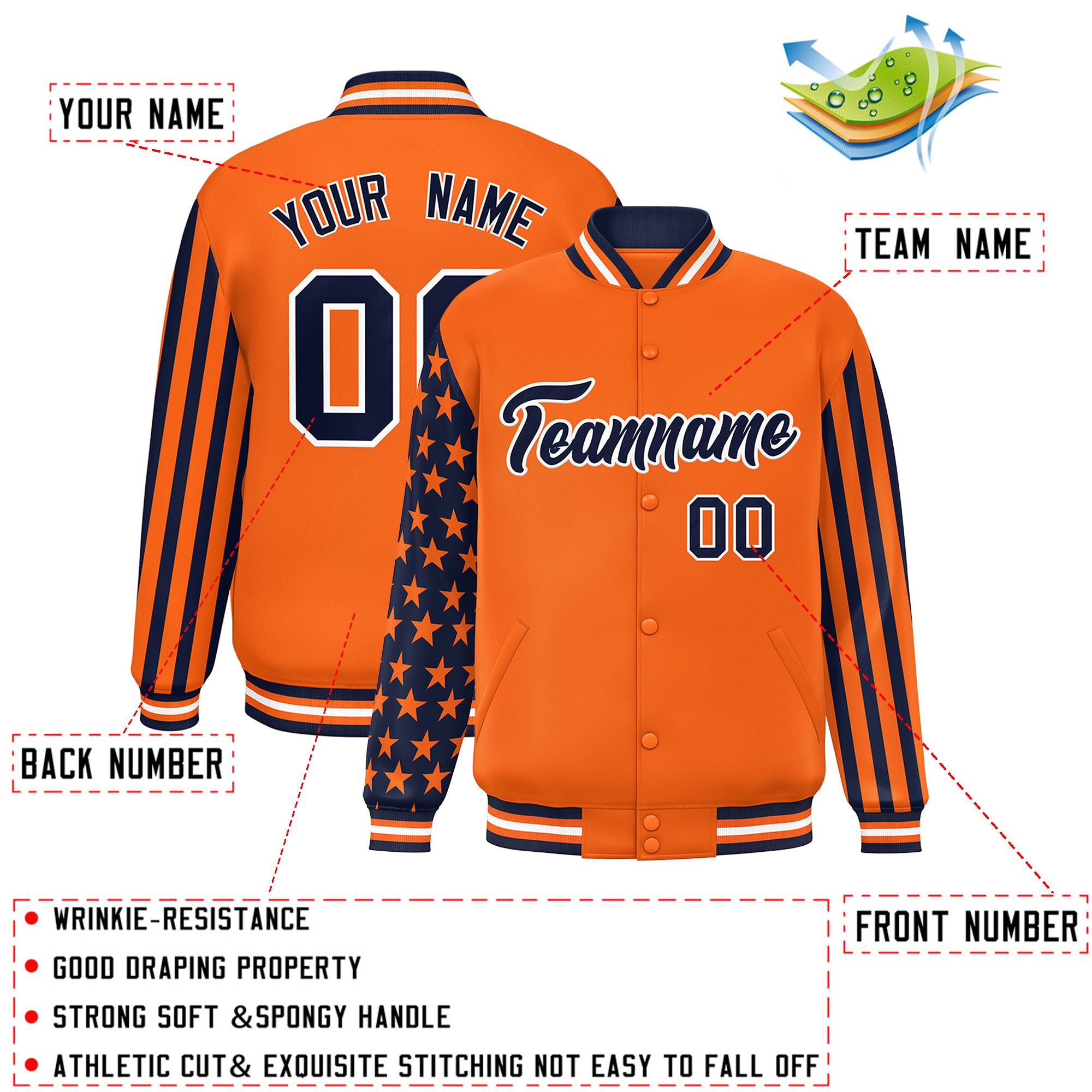 Custom Orange Navy American Flag Varsity Full-Snap Authentic Raglan Sleeves Letterman Bomber Jacket