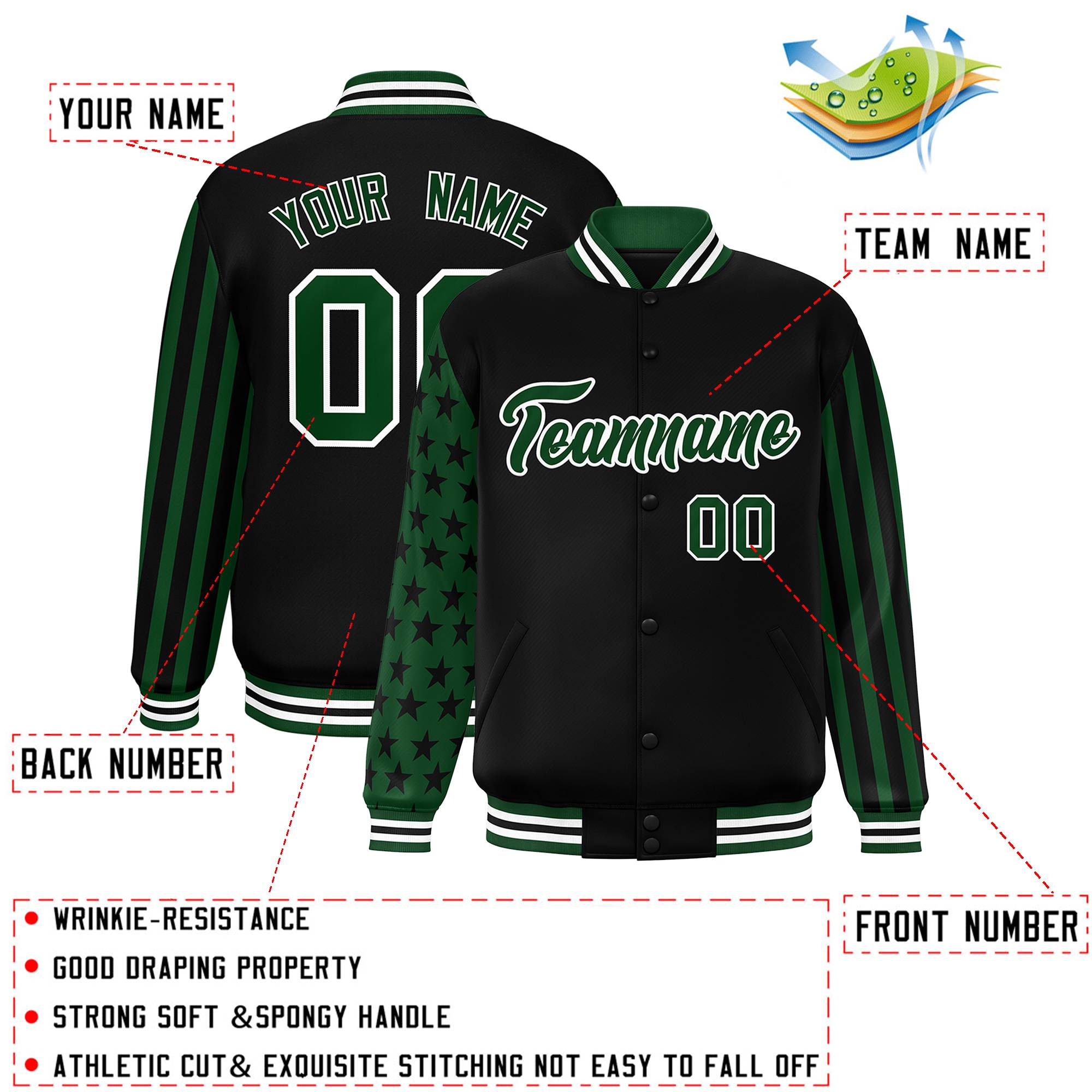 Custom Black Green American Flag Varsity Full-Snap Authentic Raglan Sleeves Letterman Bomber Jacket