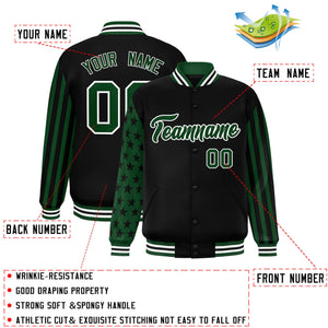 Custom Black Green American Flag Varsity Full-Snap Authentic Raglan Sleeves Letterman Bomber Jacket