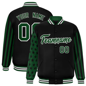 Custom Black Green American Flag Varsity Full-Snap Authentic Raglan Sleeves Letterman Bomber Jacket