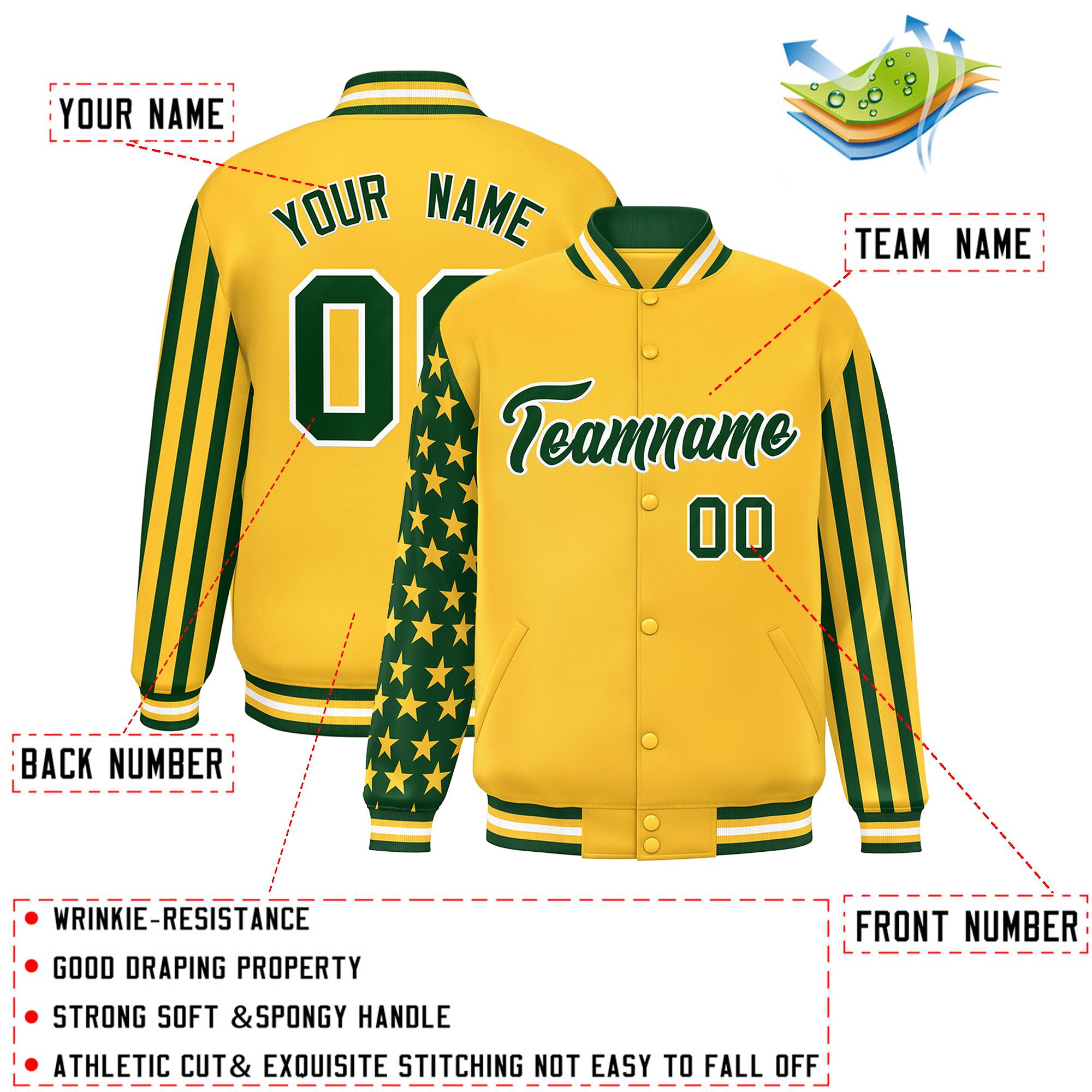 Custom Gold Green American Flag Varsity Full-Snap Authentic Raglan Sleeves Letterman Bomber Jacket