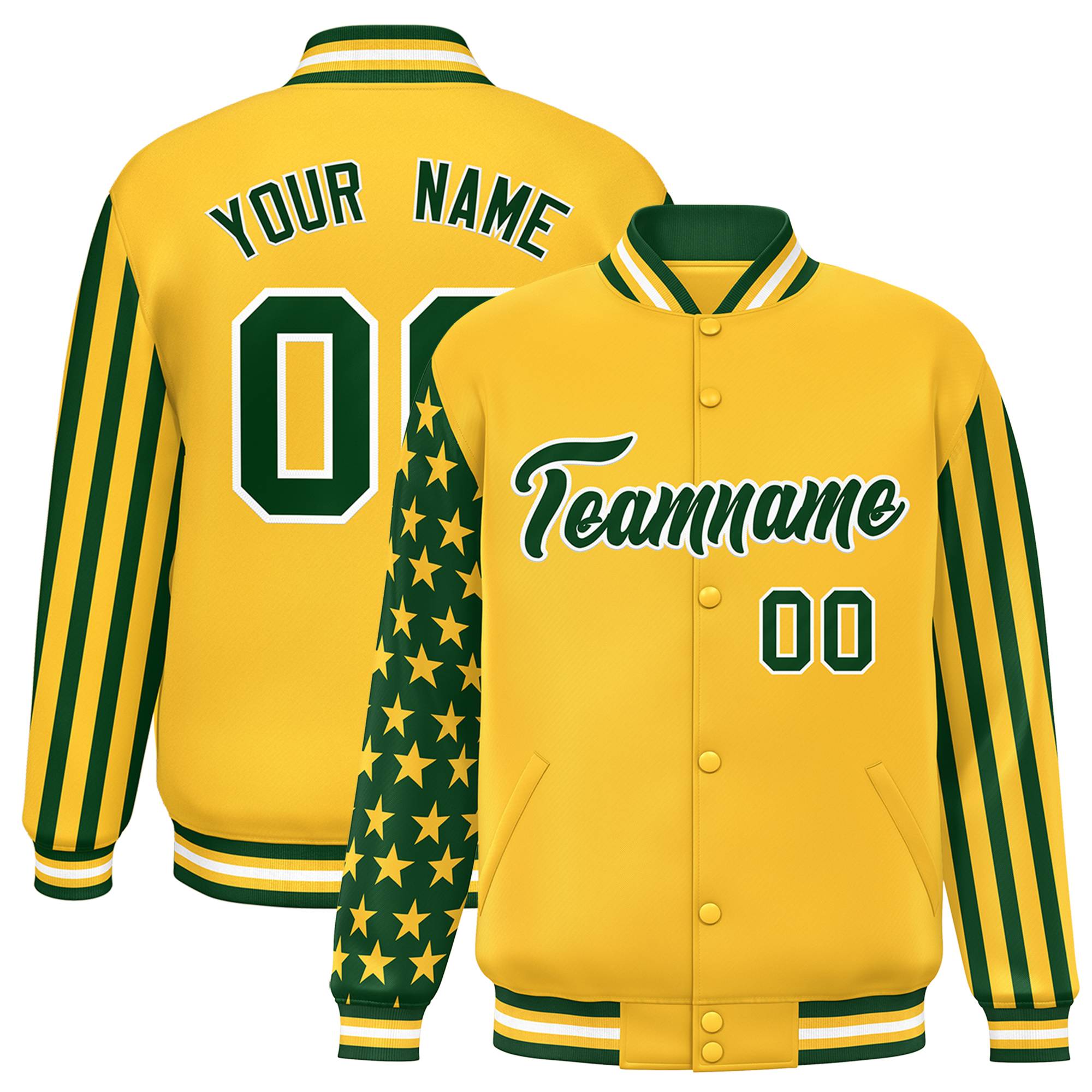 Custom Gold Green American Flag Varsity Full-Snap Authentic Raglan Sleeves Letterman Bomber Jacket