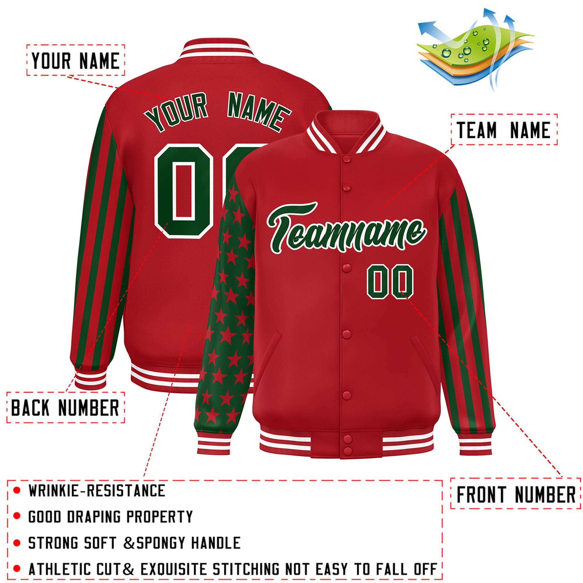 Custom Red Green American Flag Varsity Full-Snap Authentic Raglan Sleeves Letterman Bomber Jacket