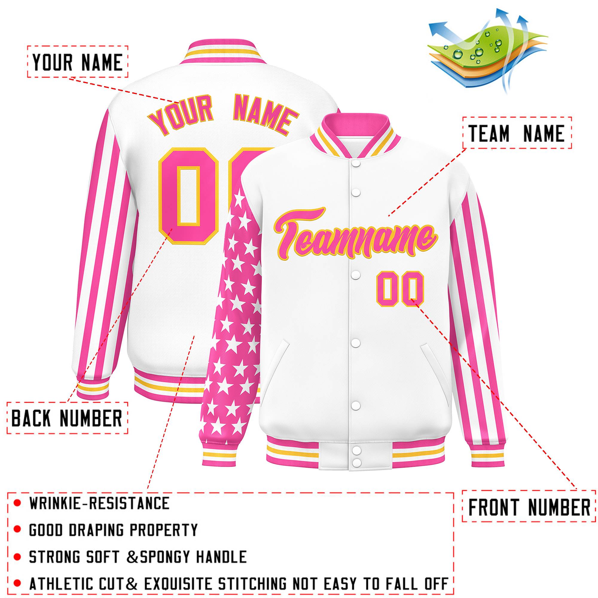 Custom White Pink American Flag Varsity Full-Snap Authentic Raglan Sleeves Letterman Bomber Jacket