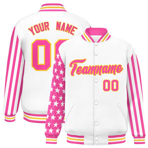 Custom White Pink American Flag Varsity Full-Snap Authentic Raglan Sleeves Letterman Bomber Jacket