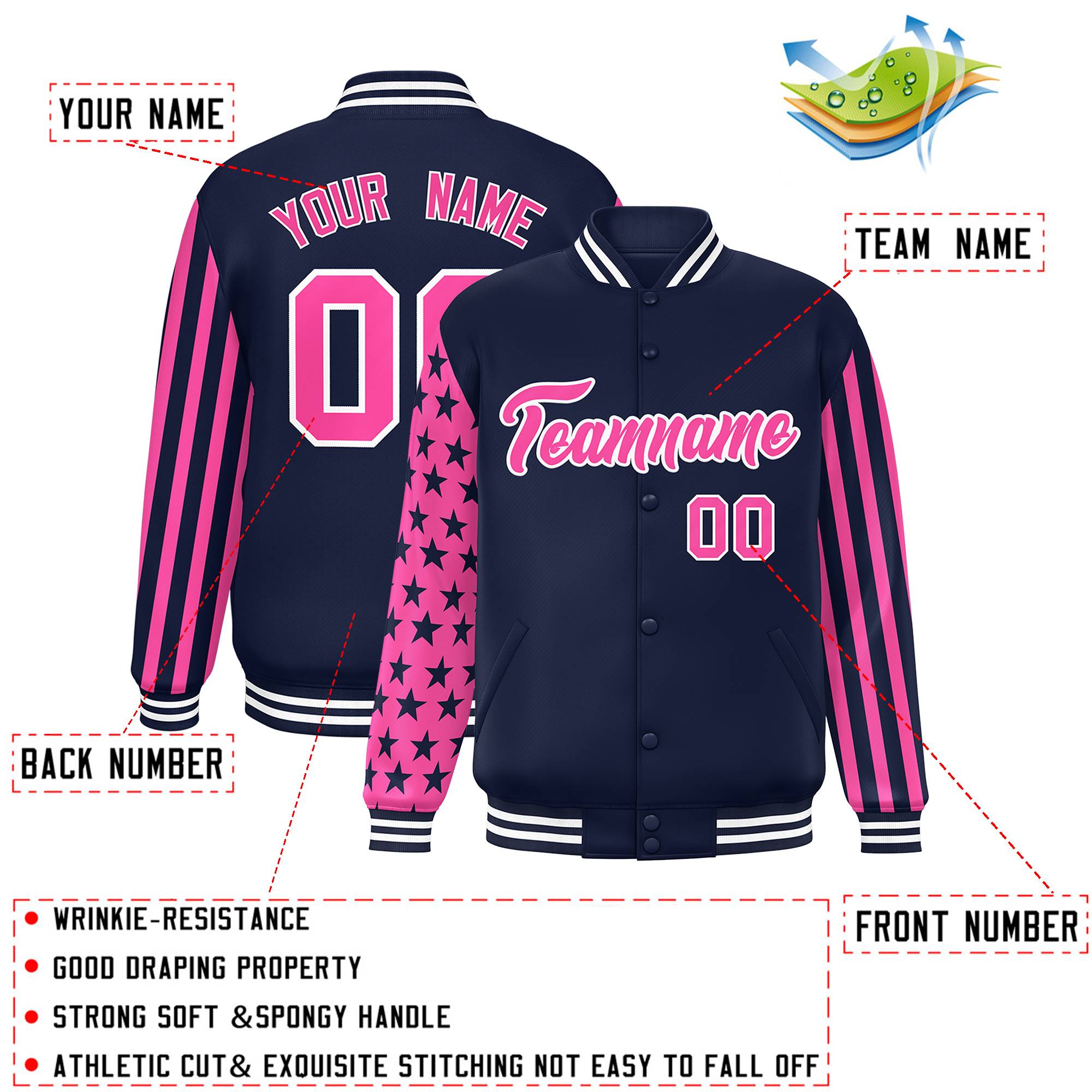 Custom Navy Pink American Flag Varsity Full-Snap Authentic Raglan Sleeves Letterman Bomber Jacket