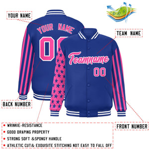 Custom Royal Pink American Flag Varsity Full-Snap Authentic Raglan Sleeves Letterman Bomber Jacket