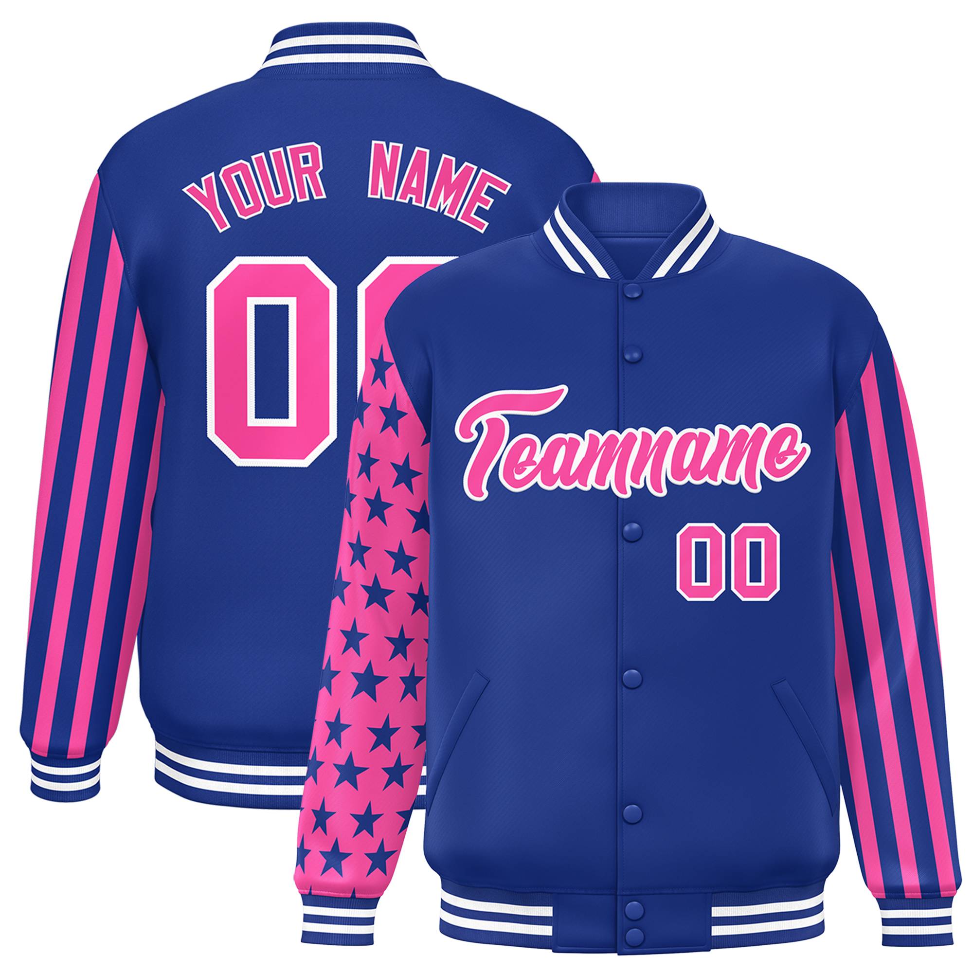 Custom Royal Pink American Flag Varsity Full-Snap Authentic Raglan Sleeves Letterman Bomber Jacket