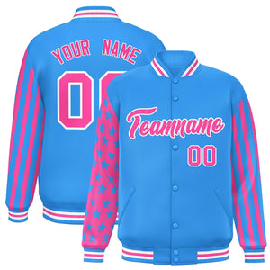 Custom Powder Blue Pink American Flag Varsity Full-Snap Authentic Raglan Sleeves Letterman Bomber Jacket