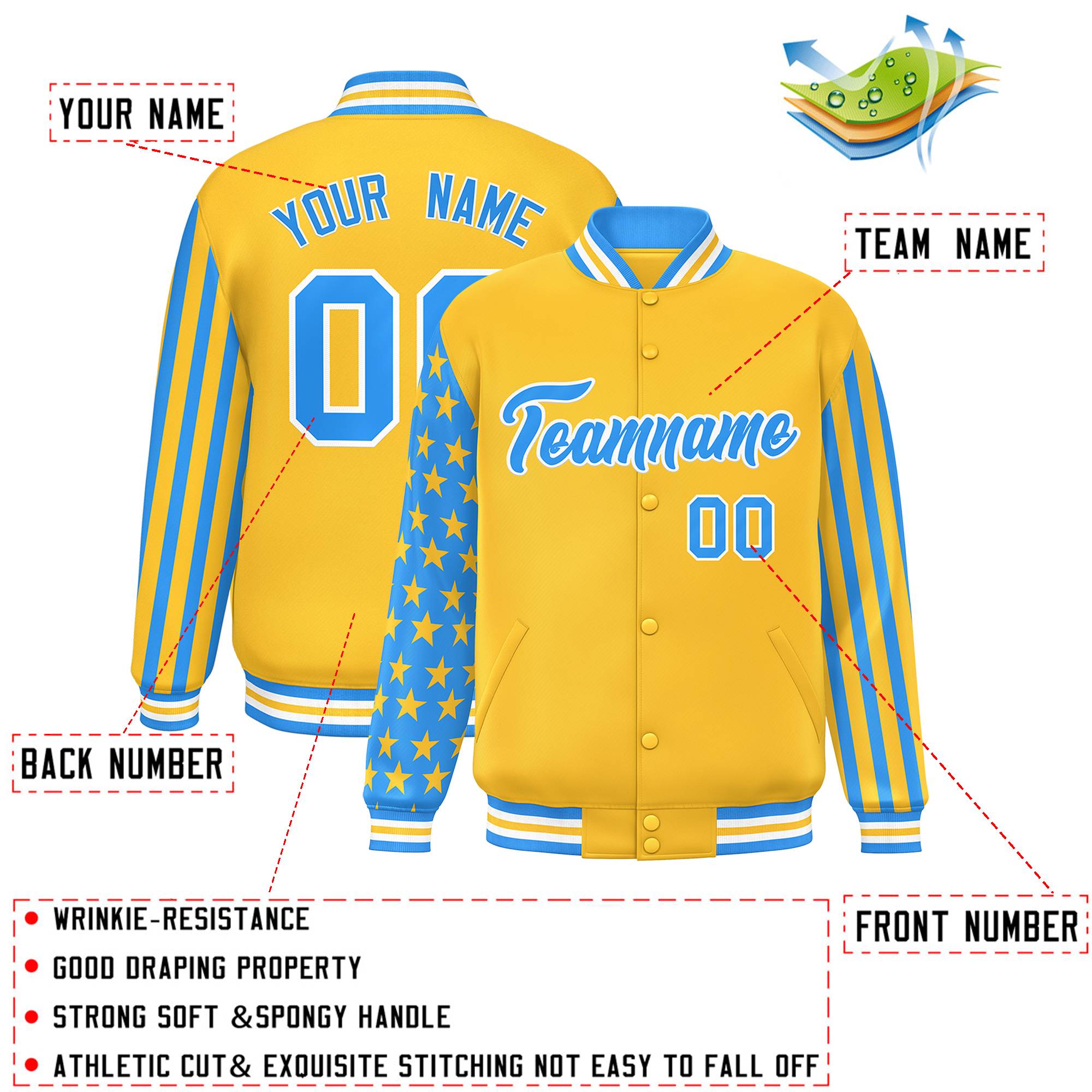 Custom Gold Powder Blue American Flag Varsity Full-Snap Authentic Raglan Sleeves Letterman Bomber Jacket