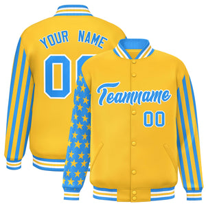 Custom Gold Powder Blue American Flag Varsity Full-Snap Authentic Raglan Sleeves Letterman Bomber Jacket