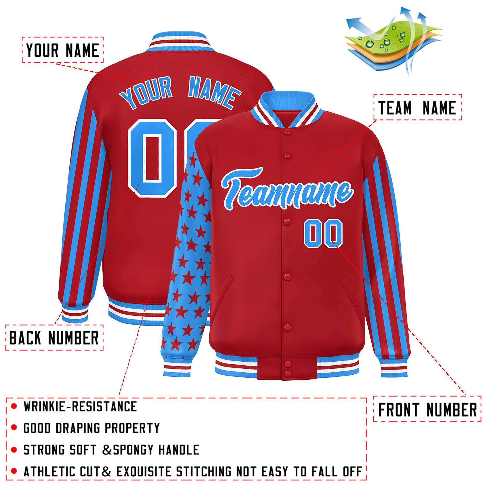 Custom Red Powder Blue American Flag Varsity Full-Snap Authentic Raglan Sleeves Letterman Bomber Jacket