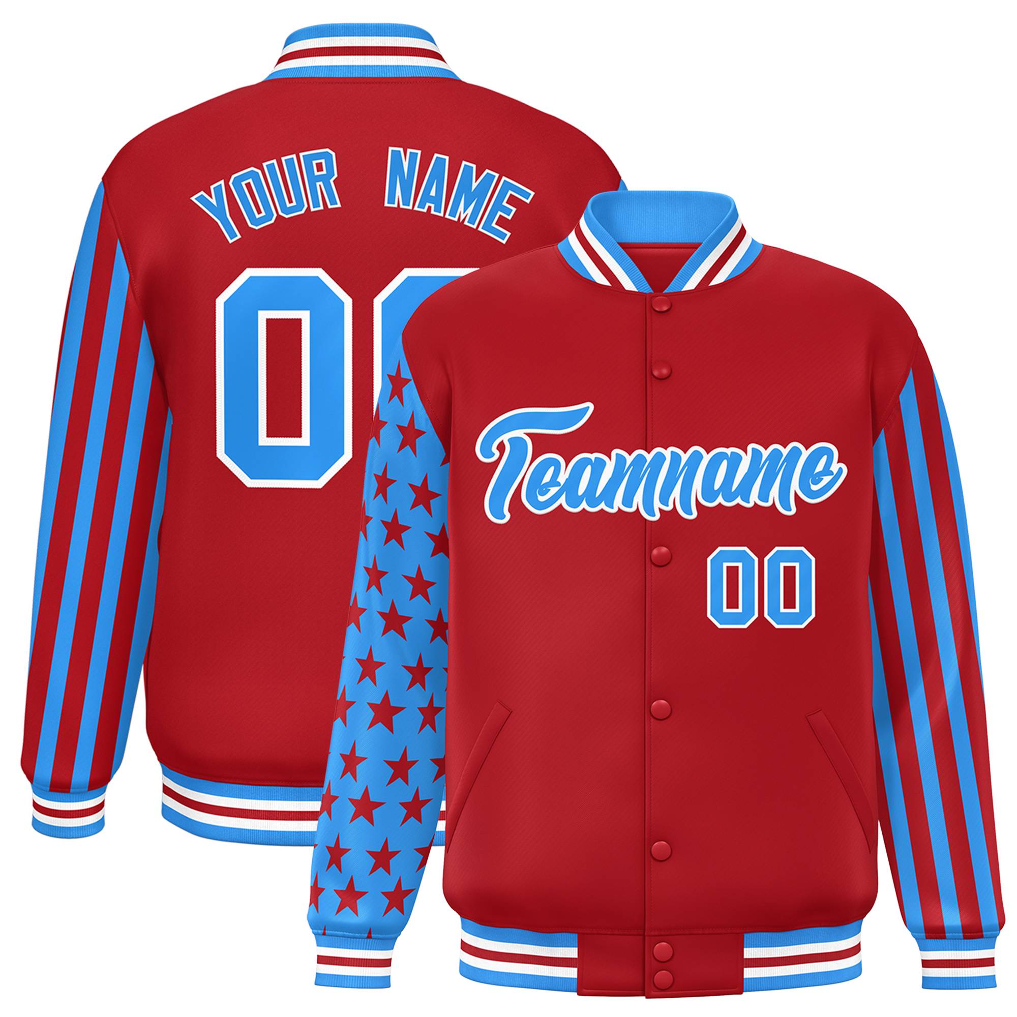 Custom Red Powder Blue American Flag Varsity Full-Snap Authentic Raglan Sleeves Letterman Bomber Jacket