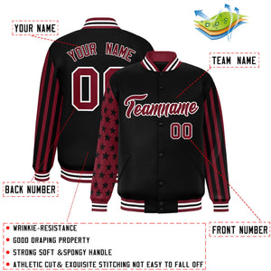 Custom Black Crimson American Flag Varsity Full-Snap Authentic Raglan Sleeves Letterman Bomber Jacket