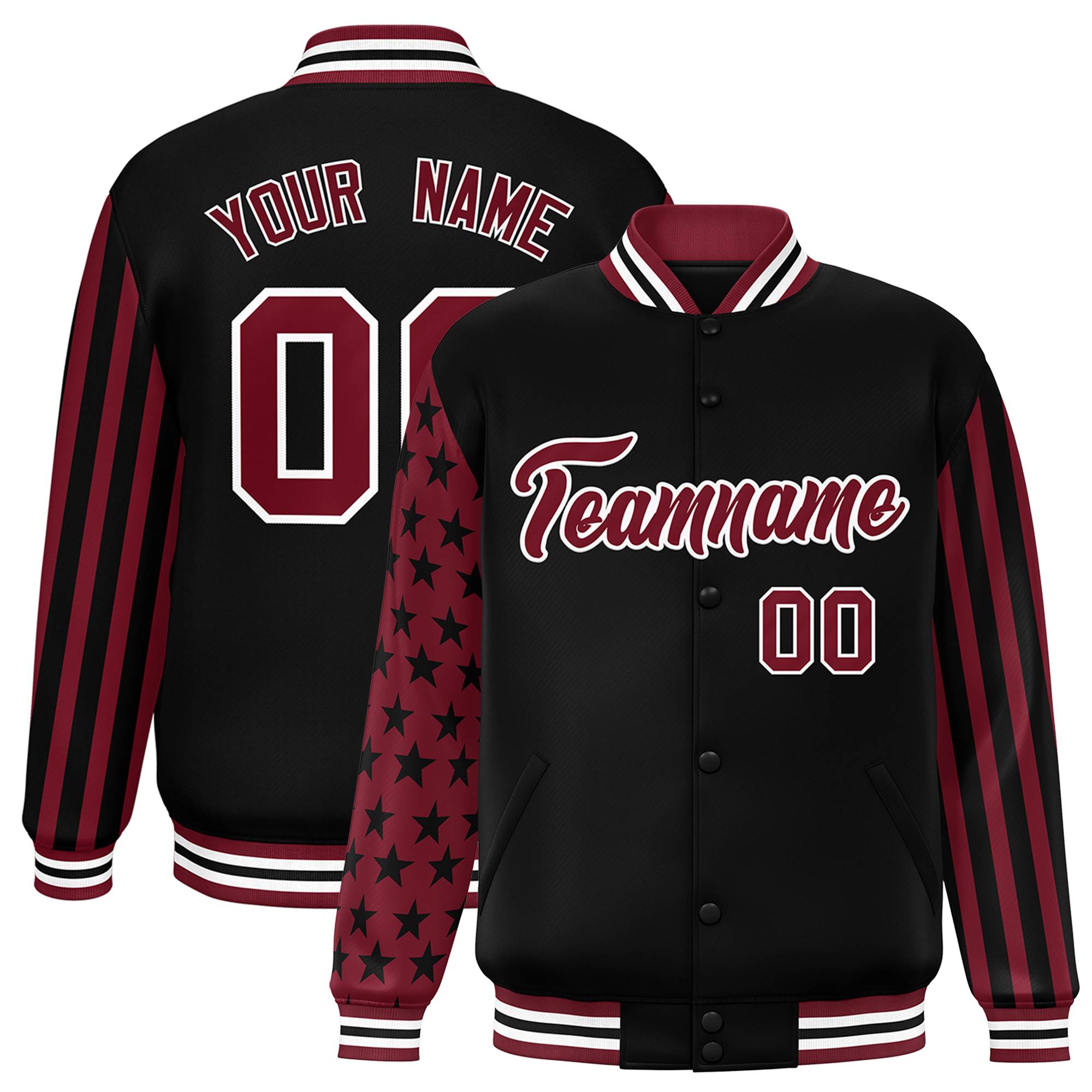 Custom Black Crimson American Flag Varsity Full-Snap Authentic Raglan Sleeves Letterman Bomber Jacket