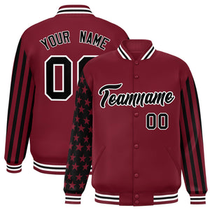 Custom Crimson Black American Flag Varsity Full-Snap Authentic Raglan Sleeves Letterman Bomber Jacket