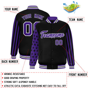 Custom Black Purple American Flag Varsity Full-Snap Authentic Raglan Sleeves Letterman Bomber Jacket