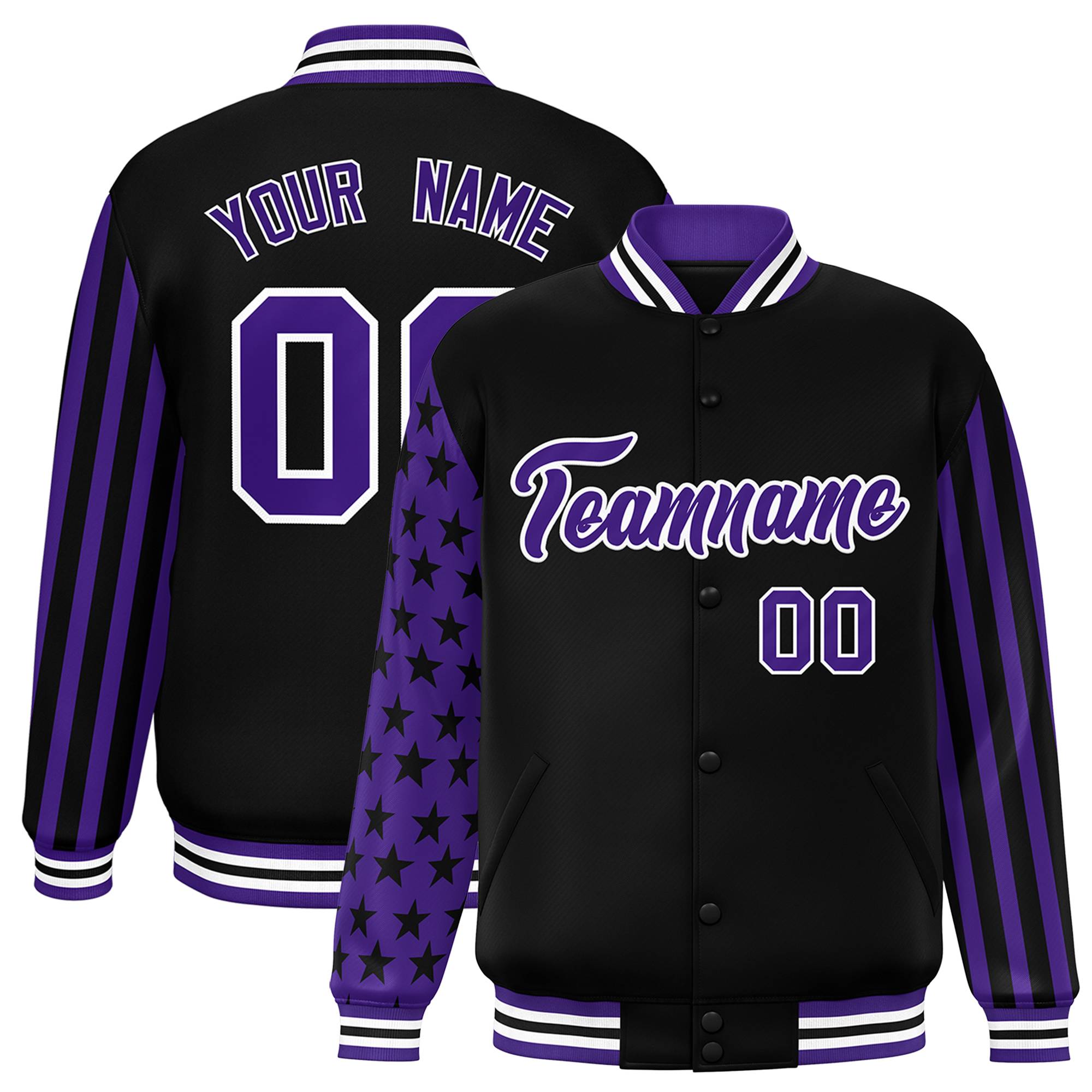 Custom Black Purple American Flag Varsity Full-Snap Authentic Raglan Sleeves Letterman Bomber Jacket