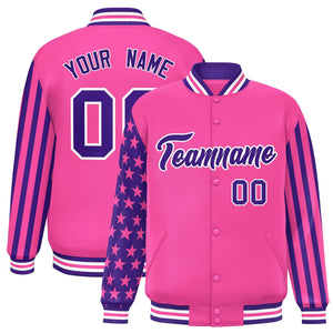 Custom Pink Purple American Flag Varsity Full-Snap Authentic Raglan Sleeves Letterman Bomber Jacket