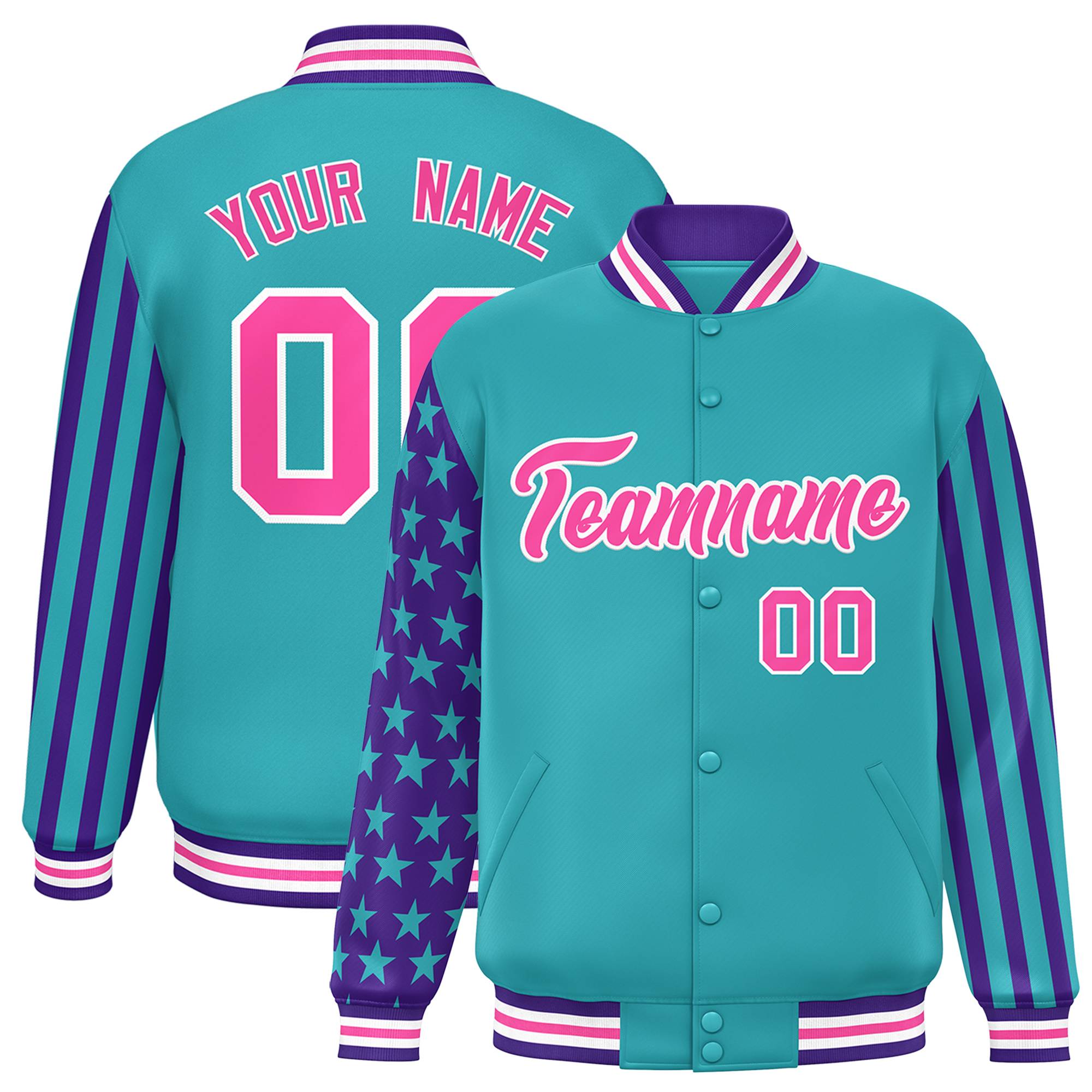 Custom Aqua Purple American Flag Varsity Full-Snap Authentic Raglan Sleeves Letterman Bomber Jacket