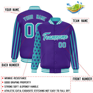 Custom Purple Aqua American Flag Varsity Full-Snap Authentic Raglan Sleeves Letterman Bomber Jacket