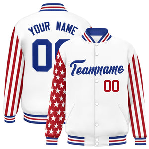 Custom White Red American Flag Varsity Full-Snap Authentic Raglan Sleeves Letterman Bomber Jacket