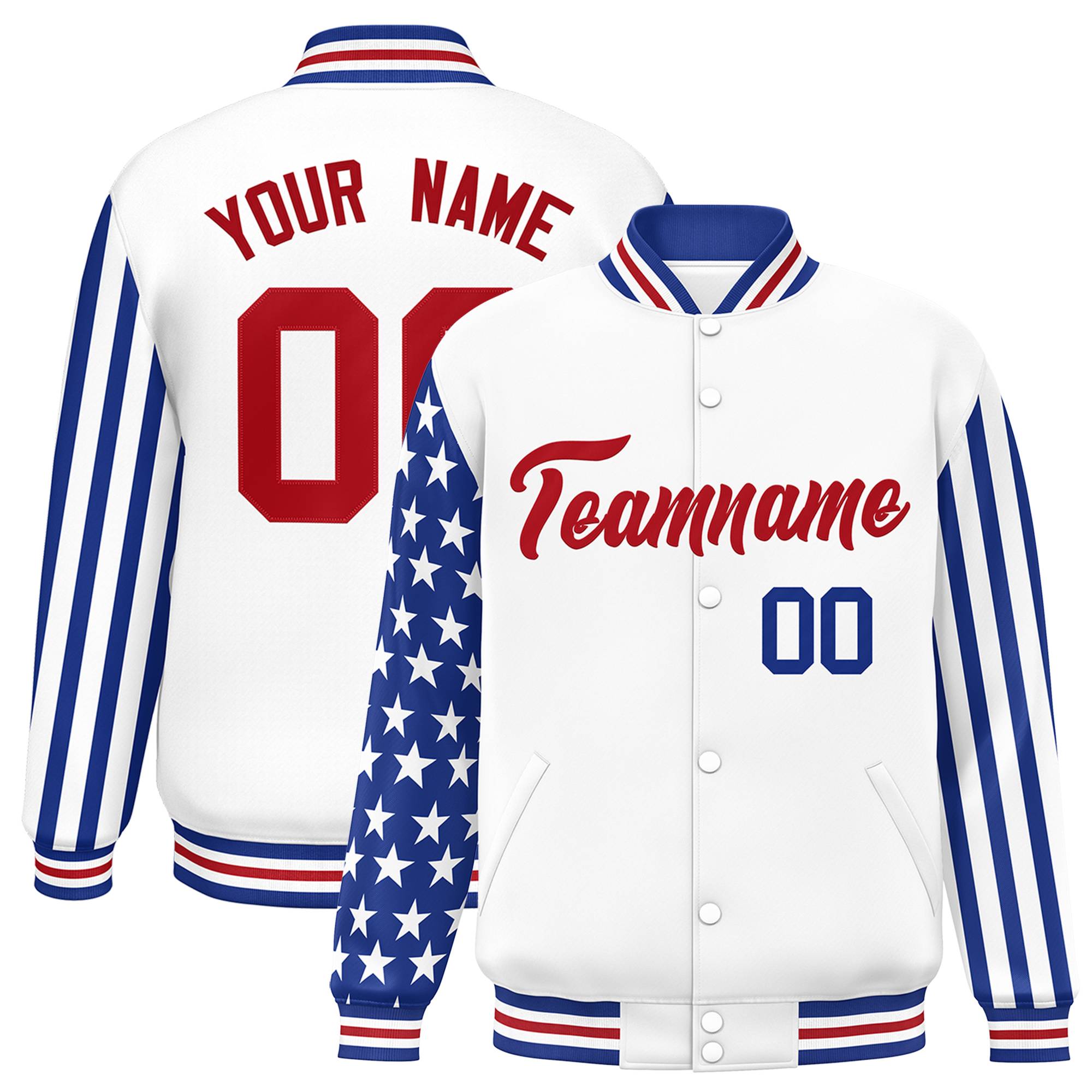 Custom White Royal American Flag Varsity Full-Snap Authentic Raglan Sleeves Letterman Bomber Jacket