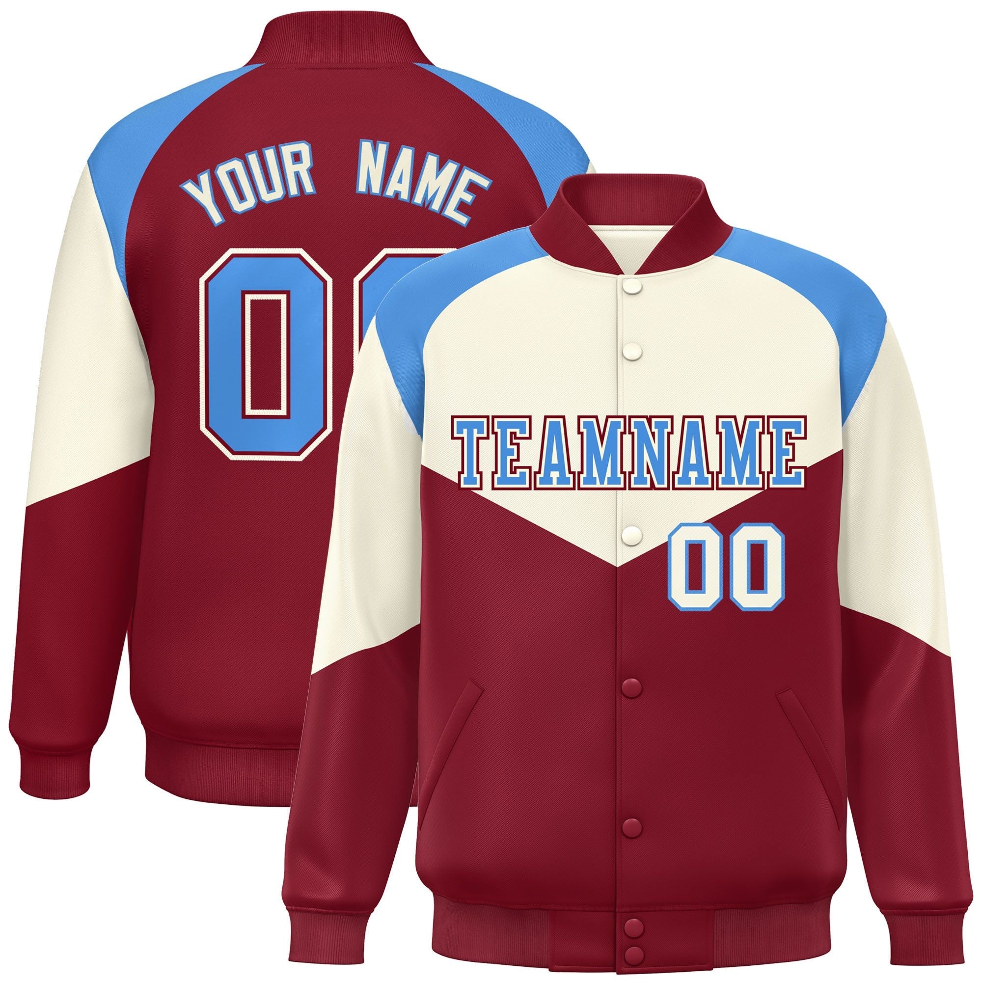 Custom Cream Crimson Varsity Full-Snap Color Block Letterman Jacket