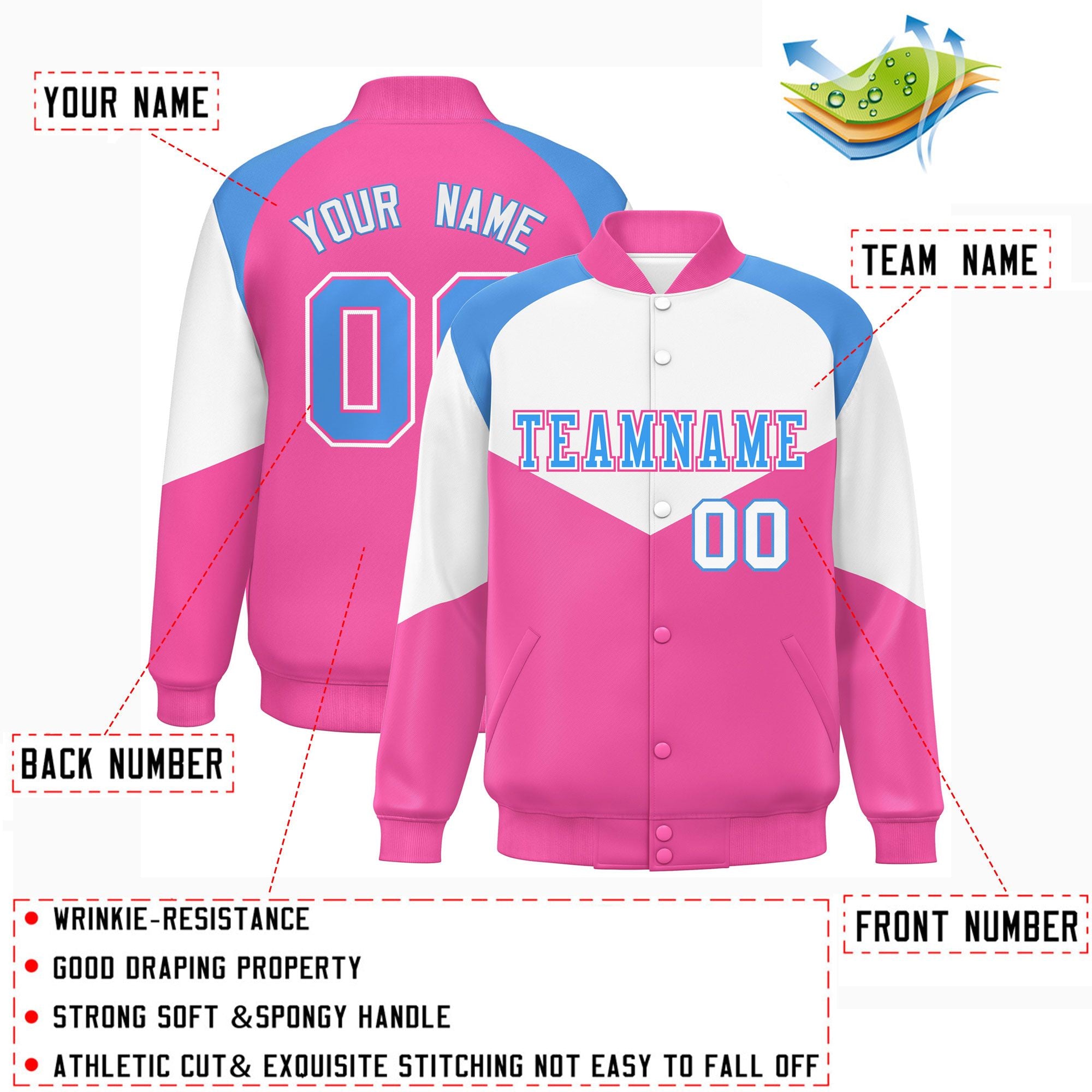 Custom White Pink Varsity Full-Snap Color Block Letterman Jacket