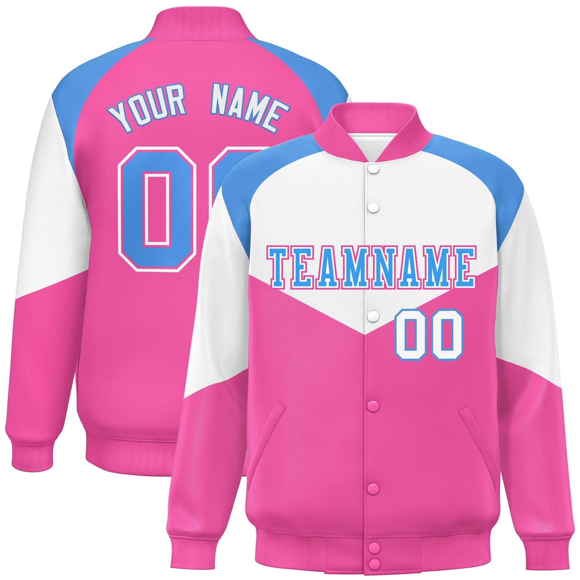 Custom White Pink Varsity Full-Snap Color Block Letterman Jacket