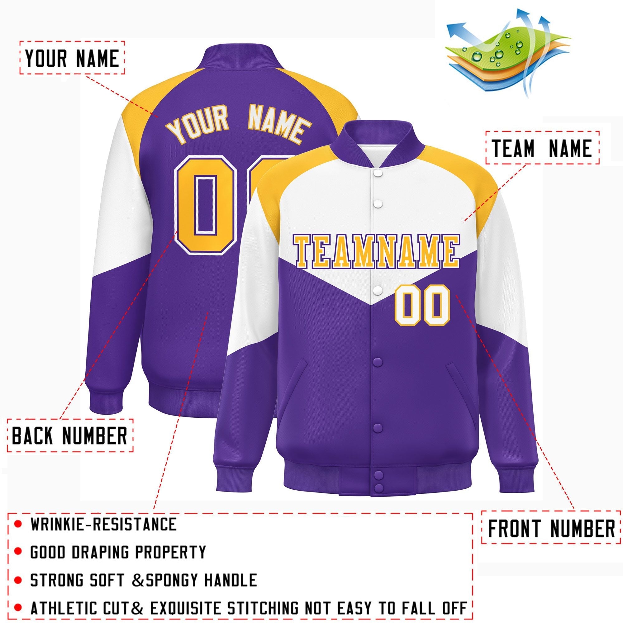 Custom White Purple Varsity Full-Snap Color Block Letterman Jacket