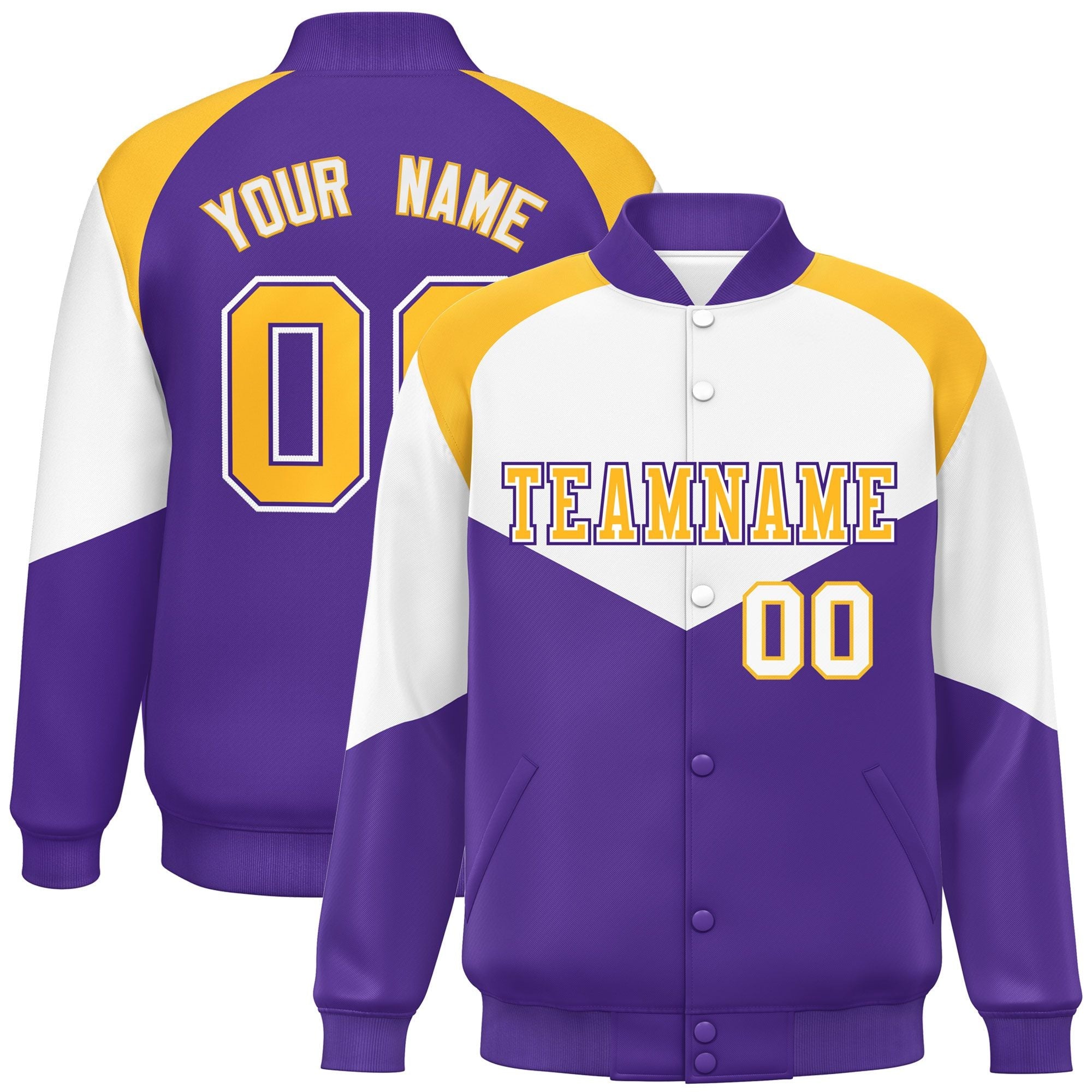 Custom White Purple Varsity Full-Snap Color Block Letterman Jacket