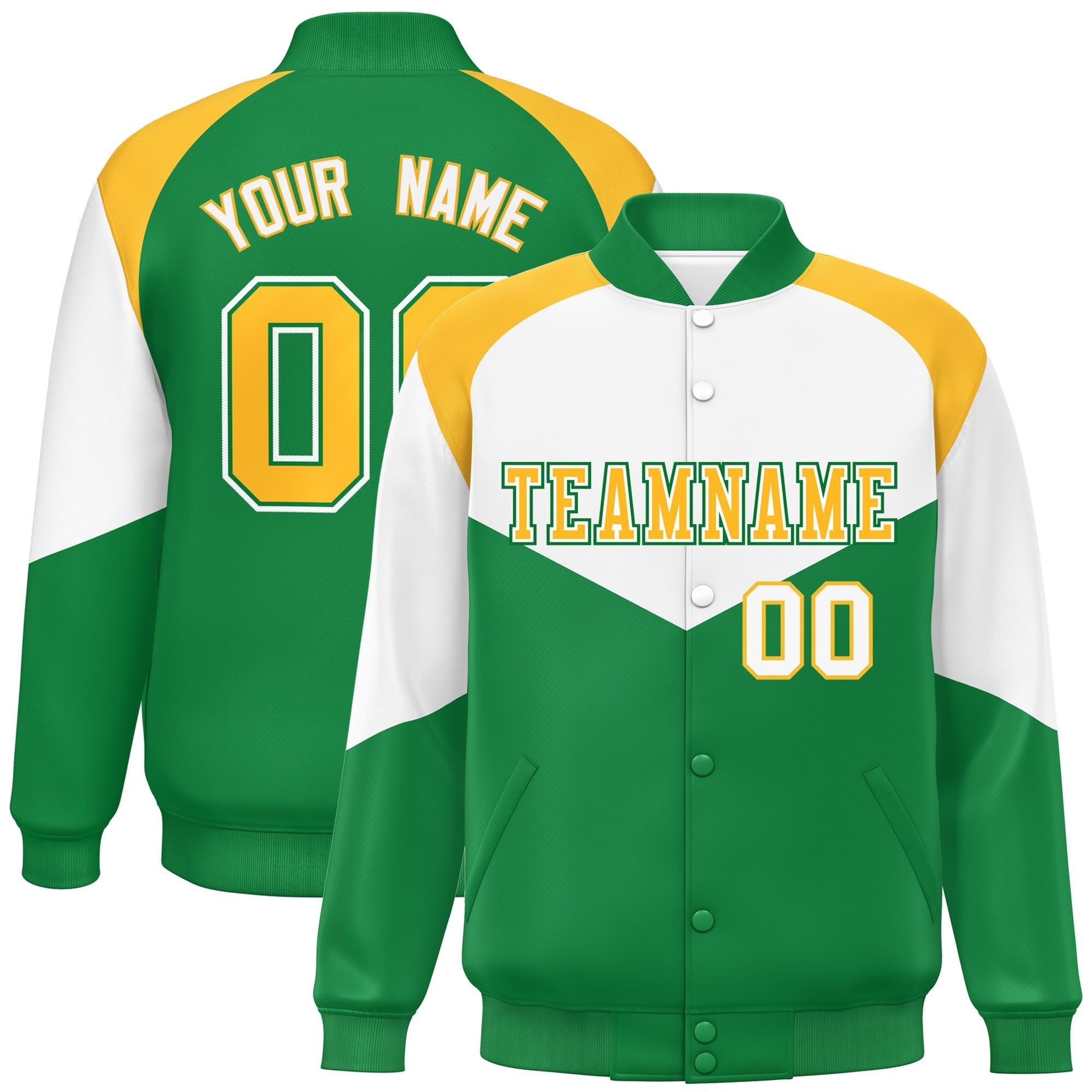 Custom White Kelly Green Varsity Full-Snap Color Block Letterman Jacket