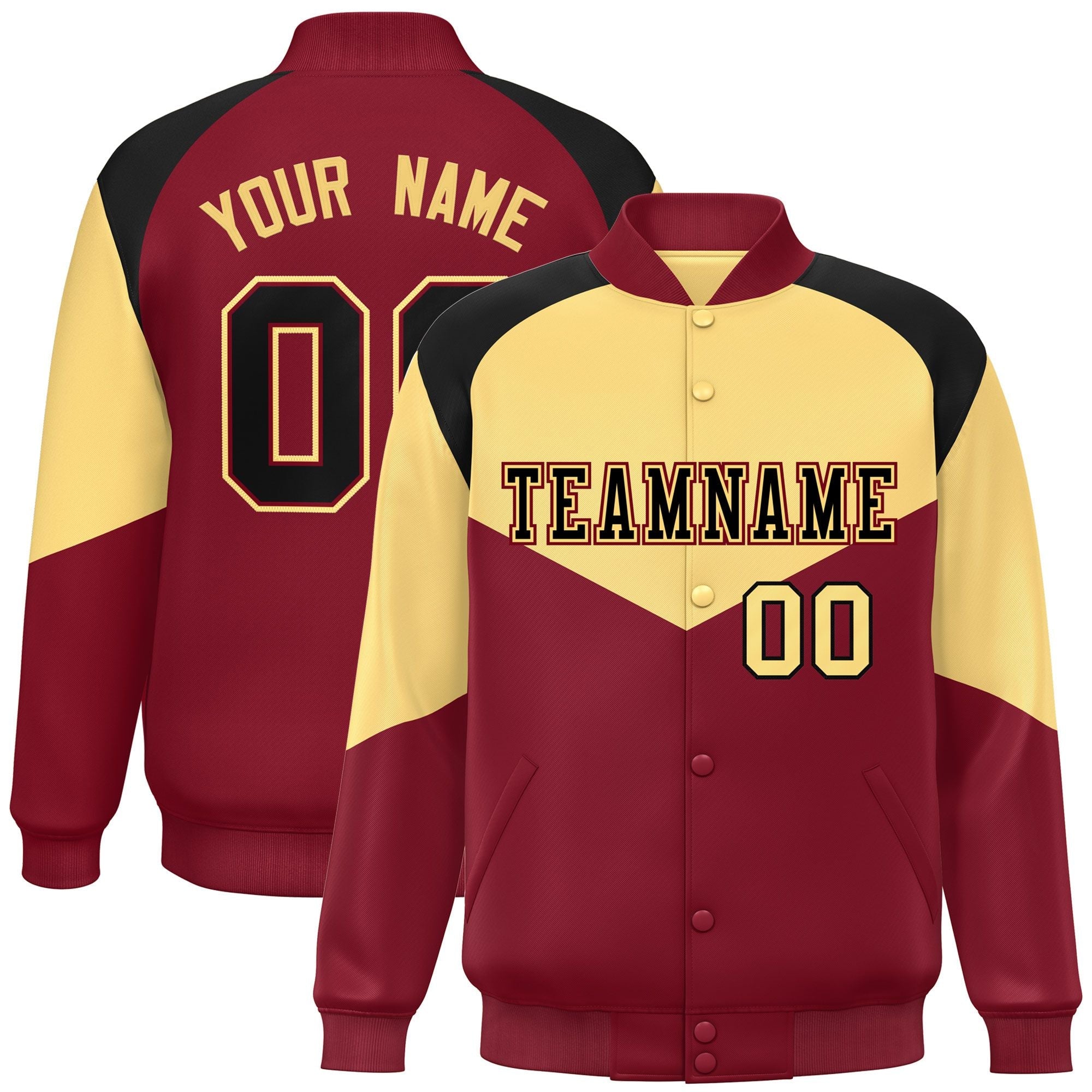 Custom Khaki Crimson Varsity Full-Snap Color Block Letterman Jacket