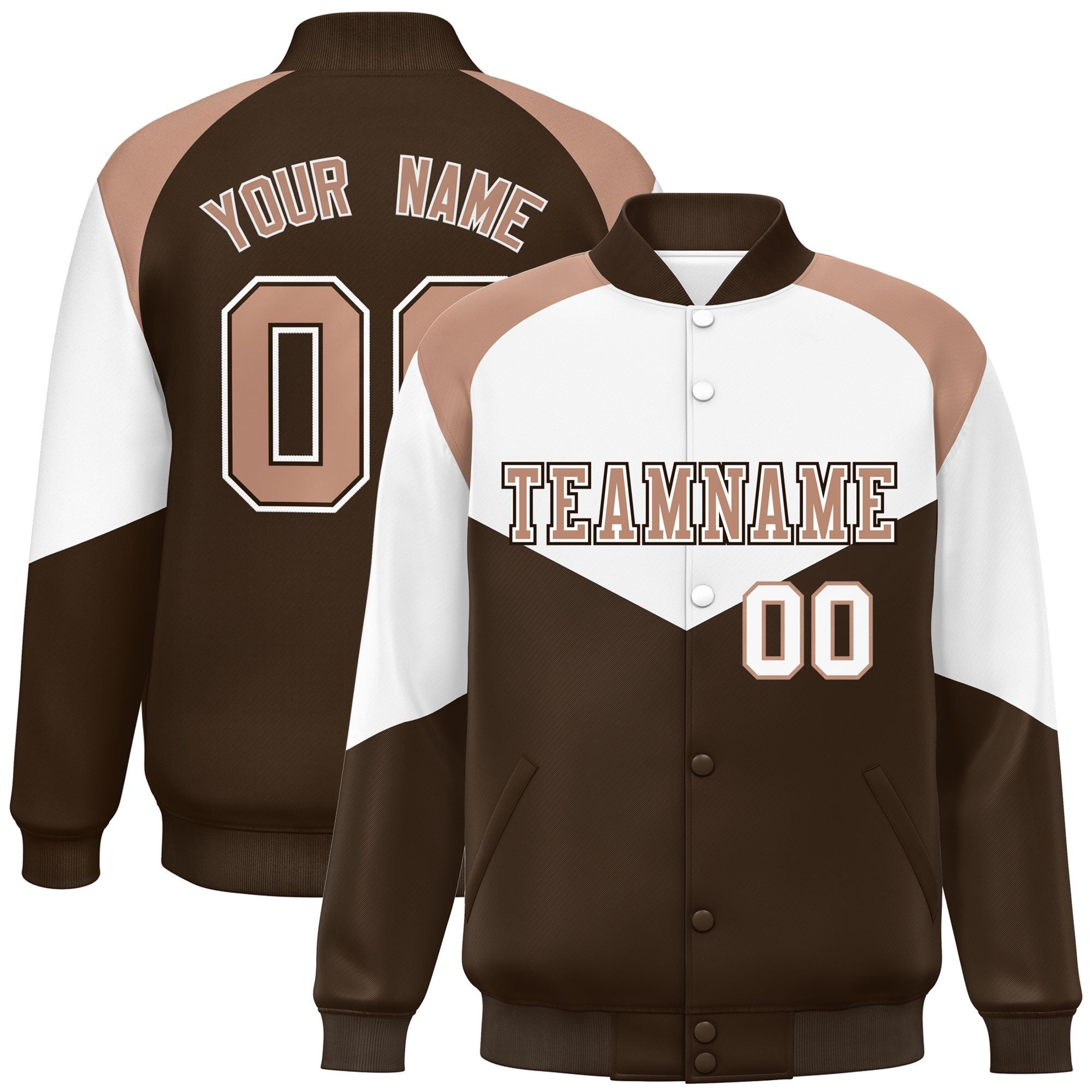 Custom White Light Brown Varsity Full-Snap Color Block Letterman Jacket