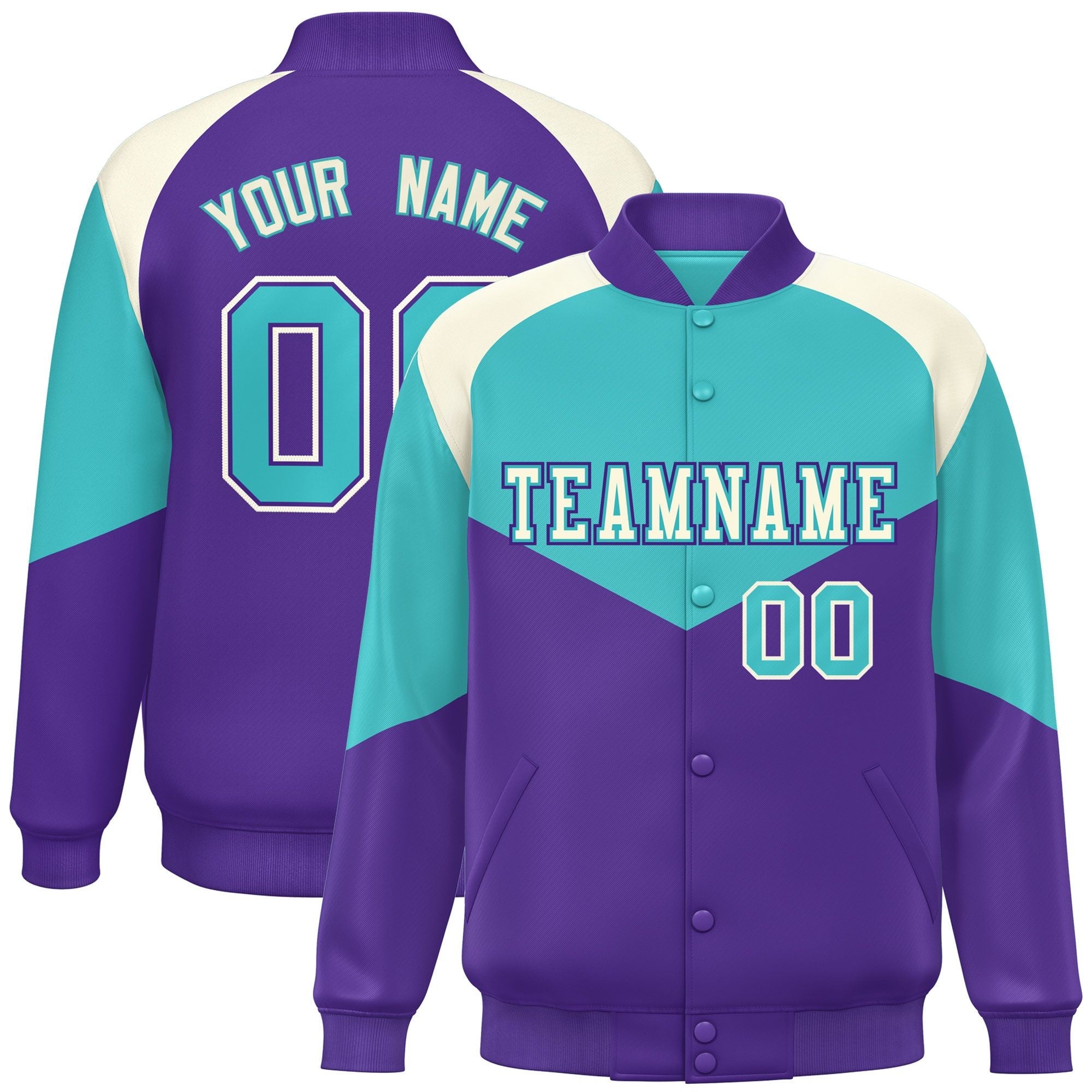 Custom Bright Green Purple Varsity Full-Snap Color Block Letterman Jacket