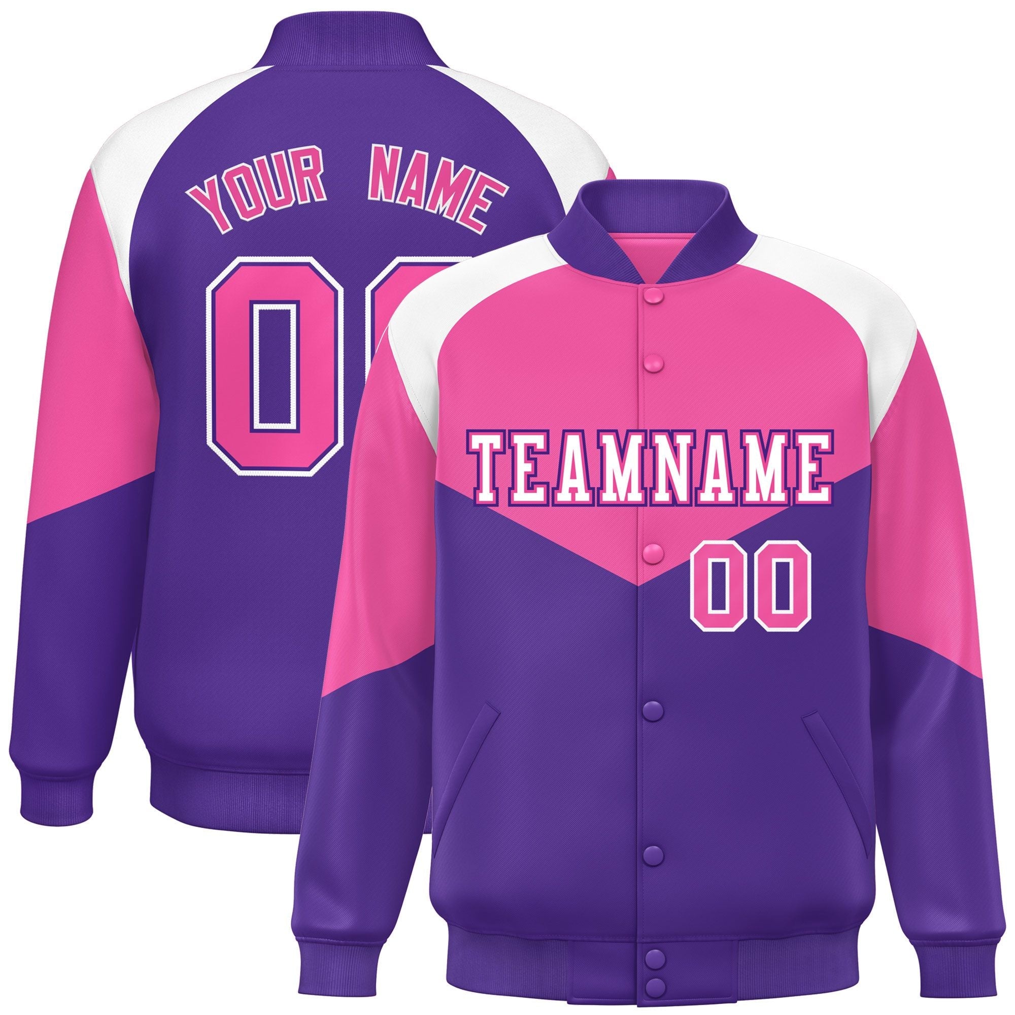 Custom Pink Purple Varsity Full-Snap Color Block Letterman Jacket