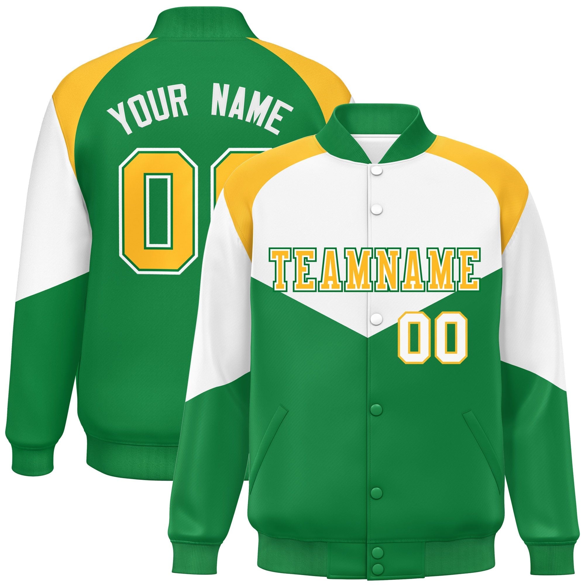 Custom White Kelly Green Varsity Full-Snap Color Block Letterman Jacket