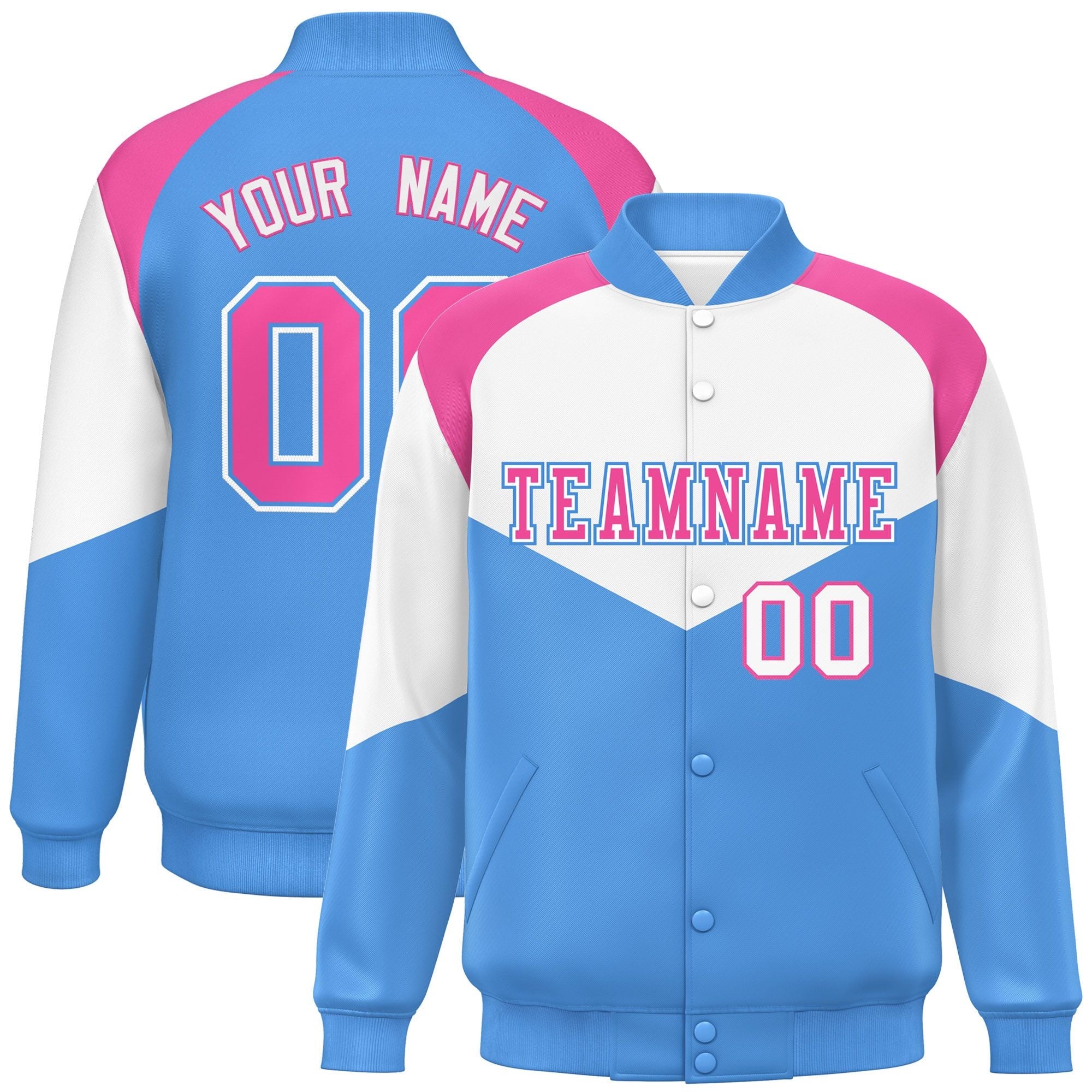 Custom White Powder Blue Varsity Full-Snap Color Block Letterman Jacket