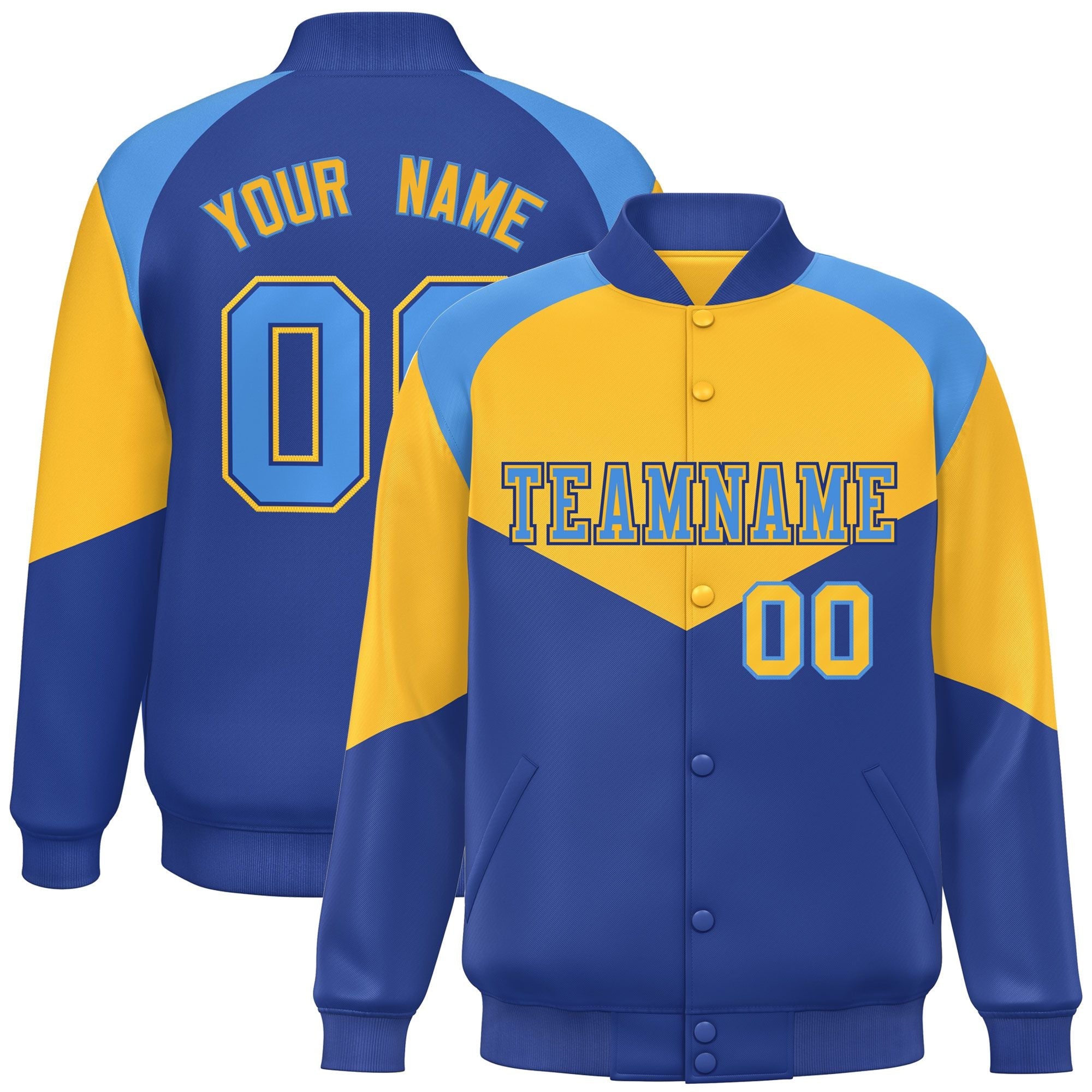 Custom Gold Royal Varsity Full-Snap Color Block Letterman Jacket