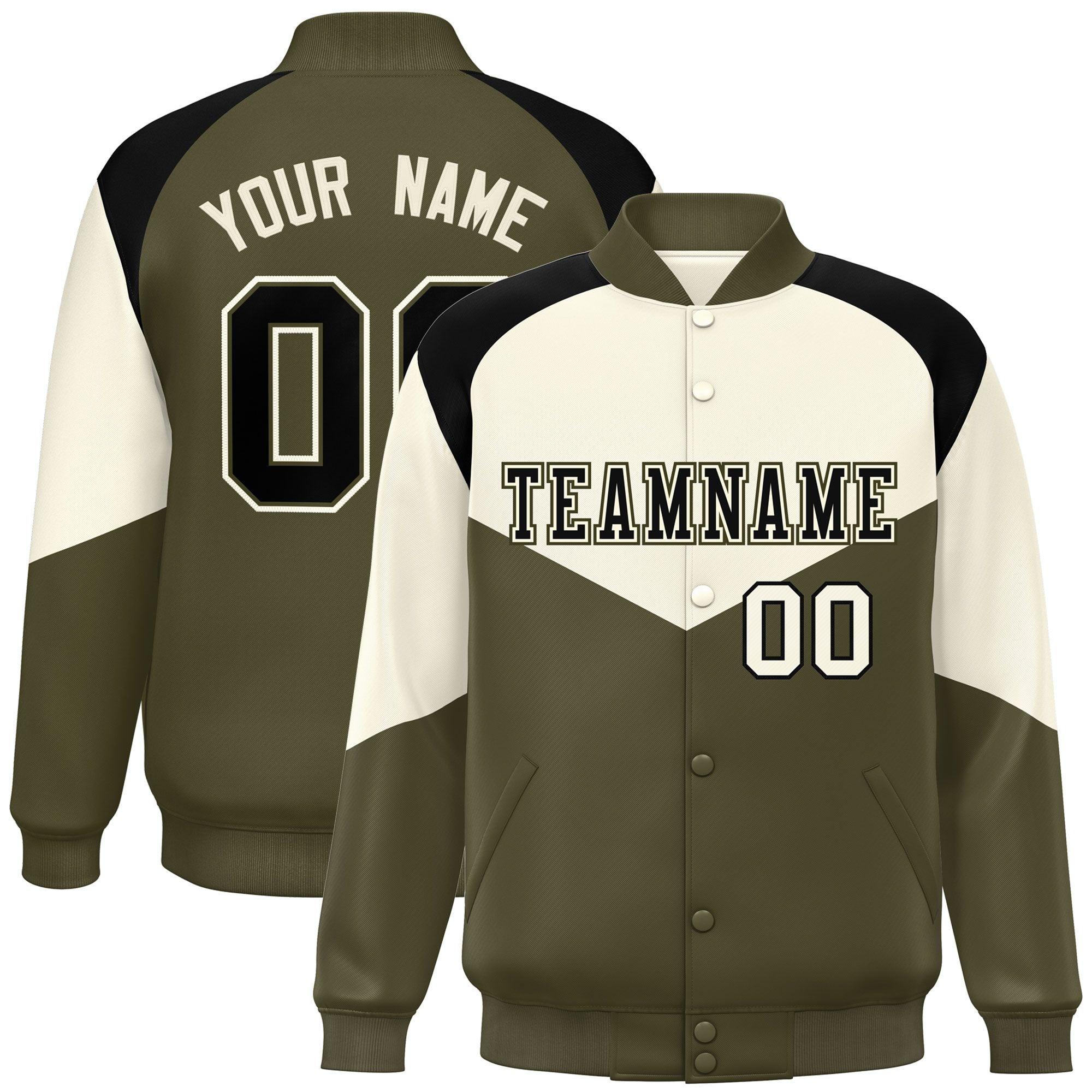 Custom Cream Olive Varsity Full-Snap Color Block Letterman Jacket