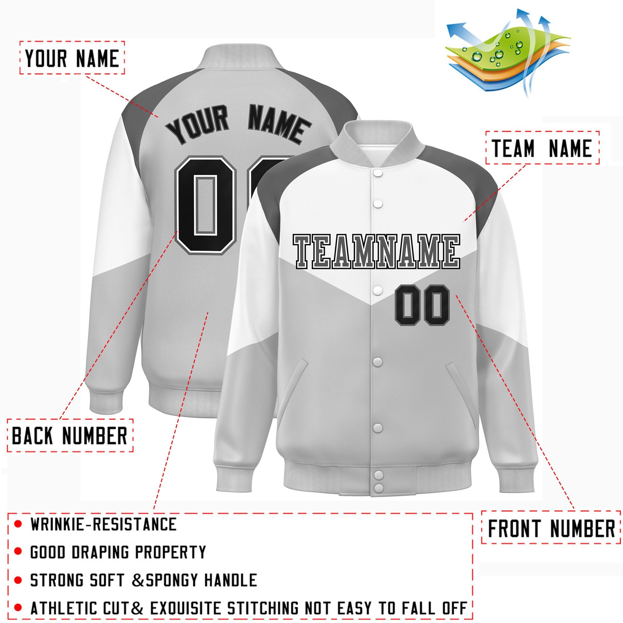 Custom White Gray Varsity Full-Snap Color Block Letterman Jacket