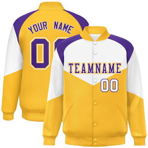 Custom White Gold Varsity Full-Snap Color Block Letterman Jacket