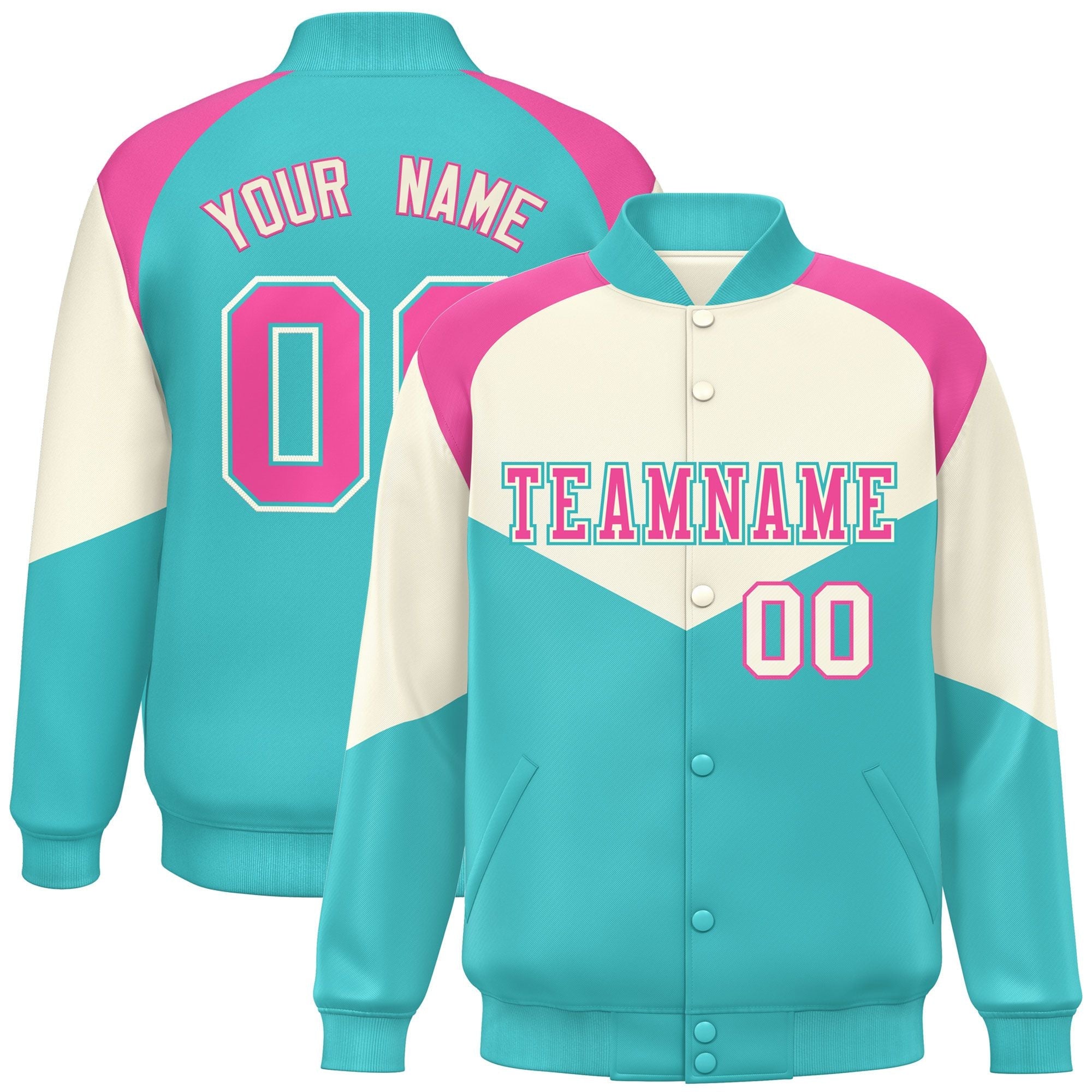 Custom Cream Bright Green Varsity Full-Snap Color Block Letterman Jacket