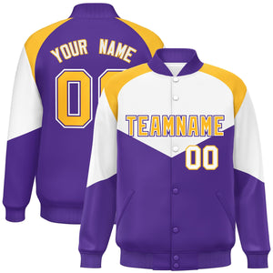 Custom White Purple Varsity Full-Snap Color Block Letterman Jacket