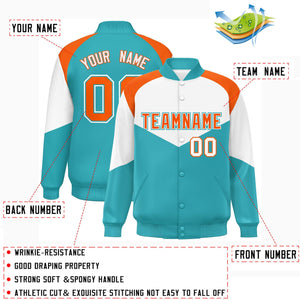 Custom White Aqua Varsity Full-Snap Color Block Letterman Jacket