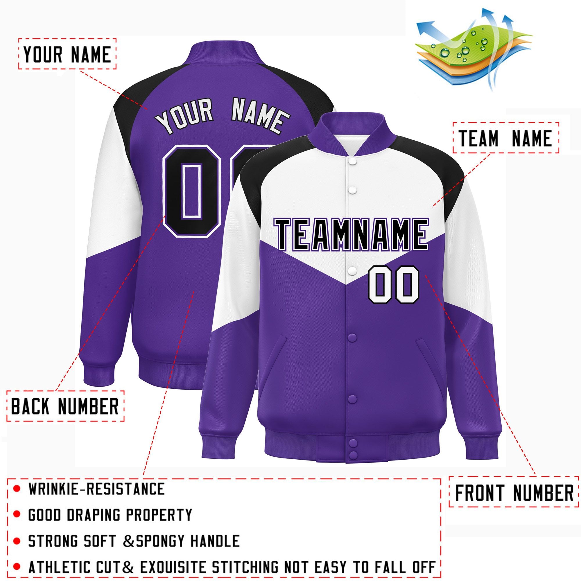 Custom White Purple Varsity Full-Snap Color Block Letterman Jacket