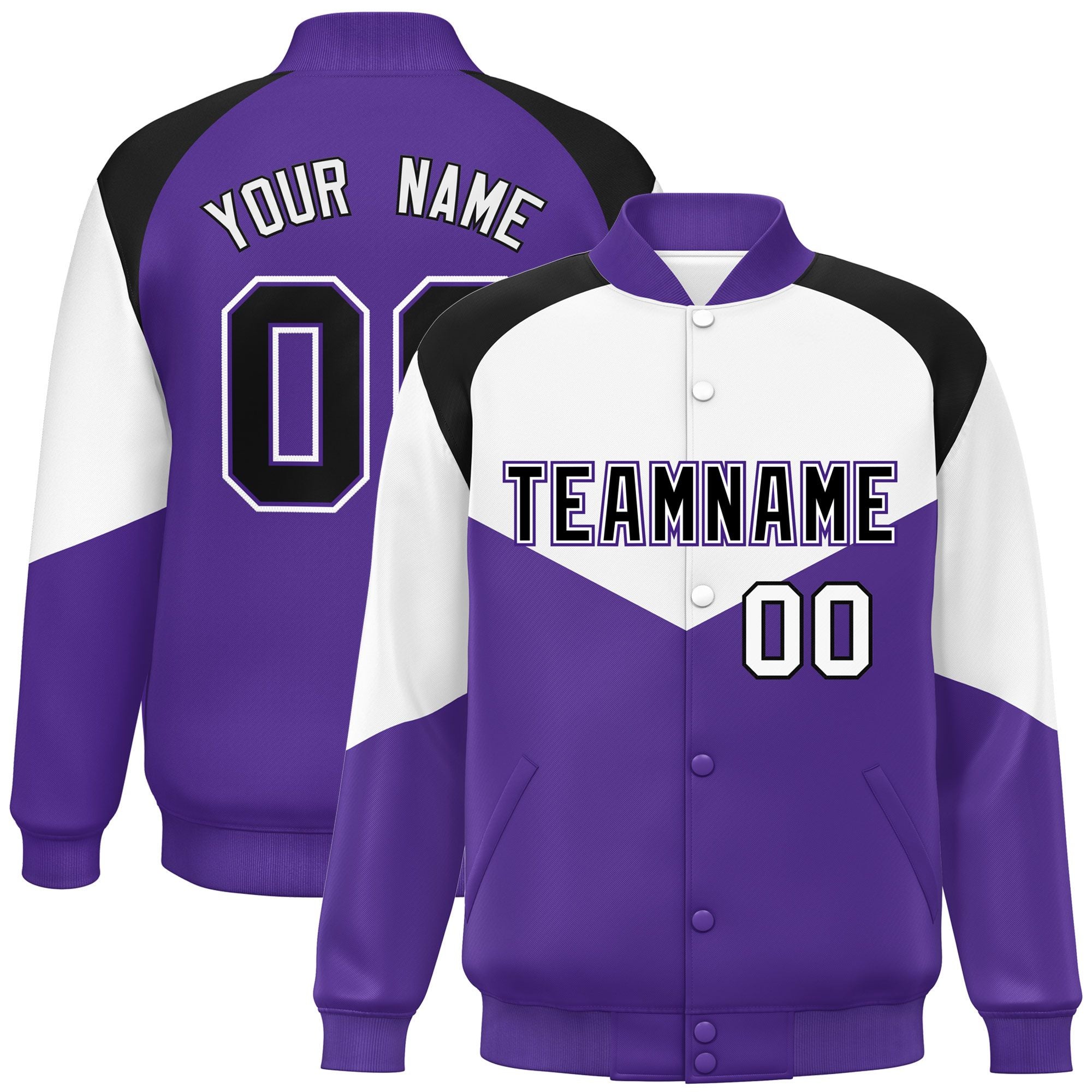 Custom White Purple Varsity Full-Snap Color Block Letterman Jacket