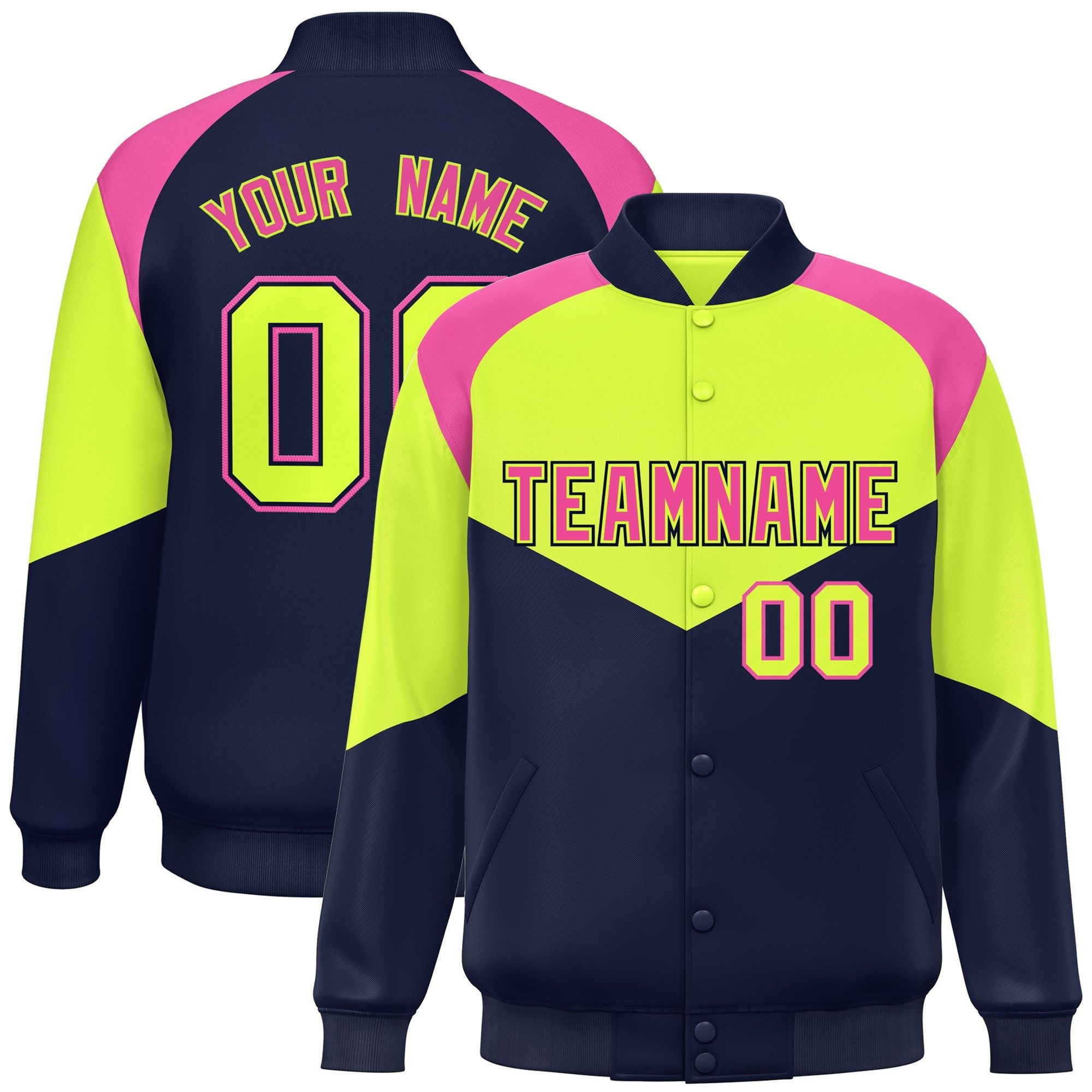 Custom Neon Green Navy Varsity Full-Snap Color Block Letterman Jacket