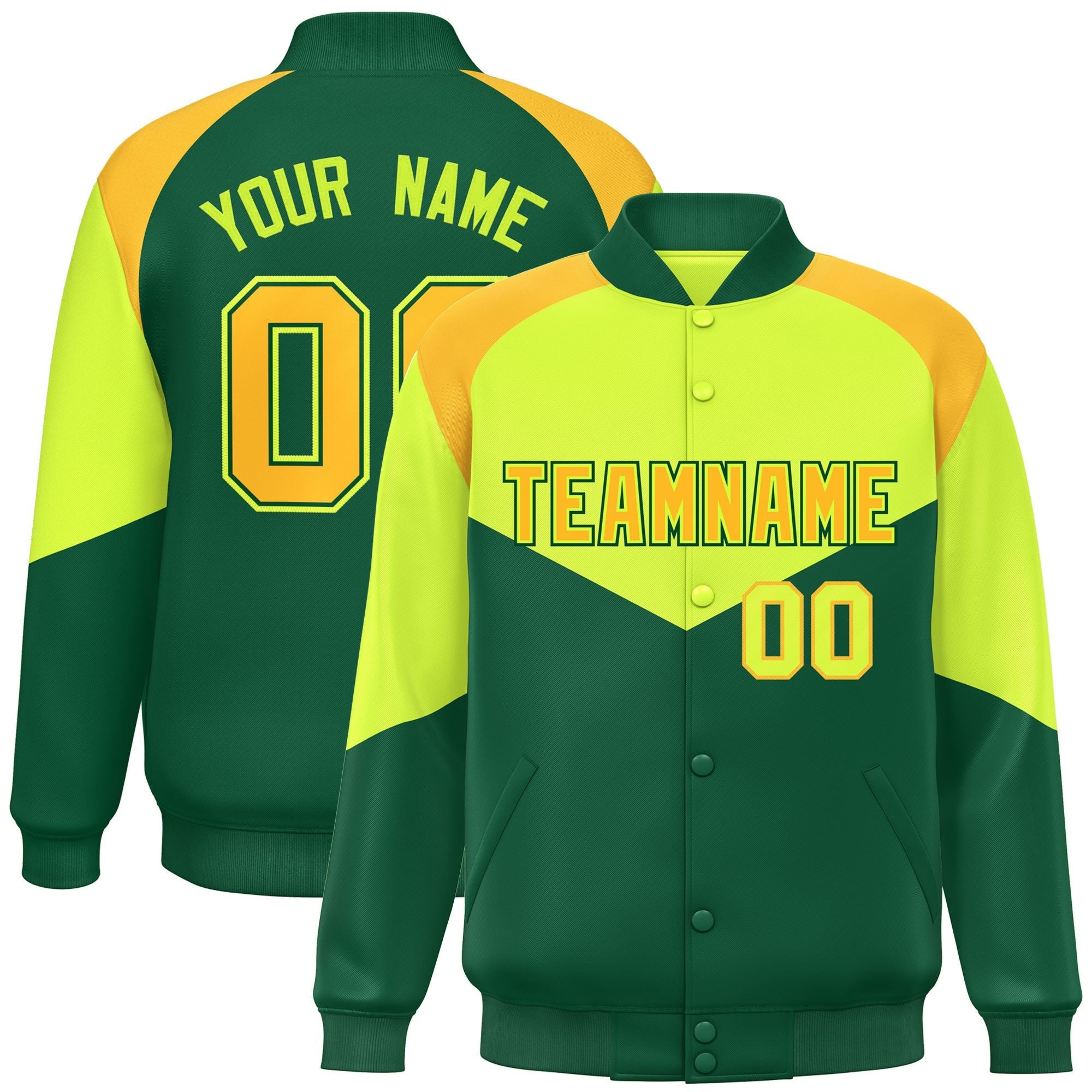 Custom Neon Green Green Varsity Full-Snap Color Block Letterman Jacket